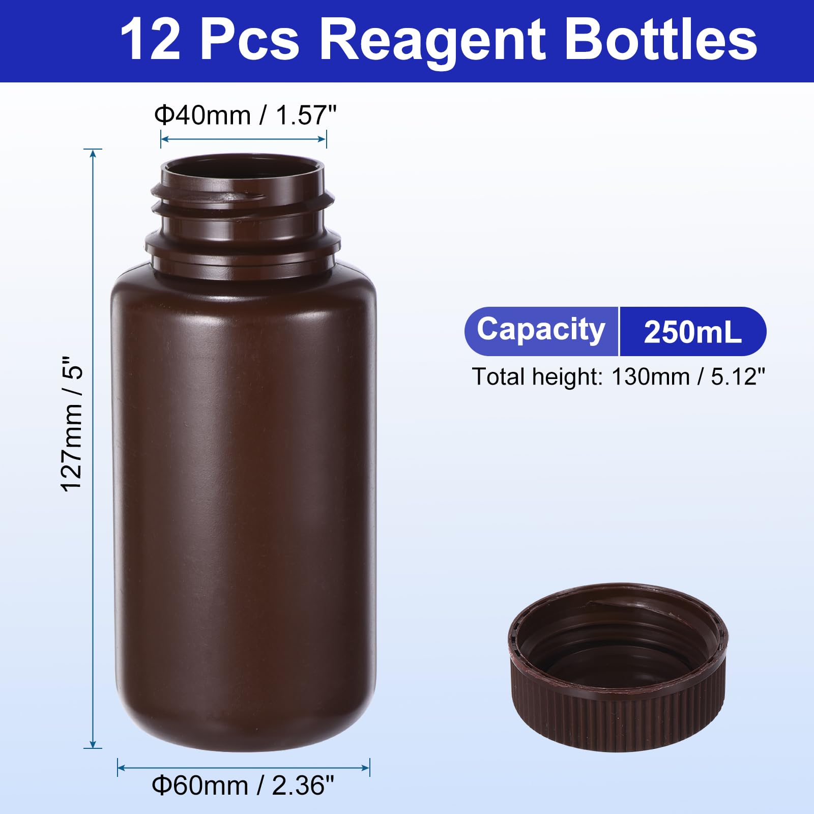 12 Pack 250ml Amber Reagent Bottles with Screw Caps - PE Wide Mouth Round Bottles for Lab, Water, Reagent Liquids & Solid Sample Storage | Ideal for Chemistry Experiments, Scientific Research & DIY Projects
