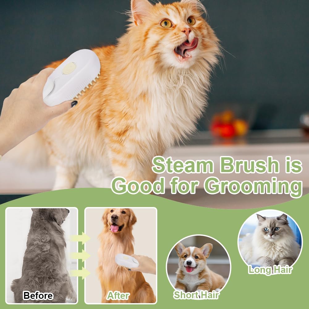 2024 Rechargeable Cat & Dog Grooming Brush with Steam - Pet Hair Shedding Remover, Massaging Brush for Cats & Dogs, White | Perfect for Home Grooming & Shedding Control