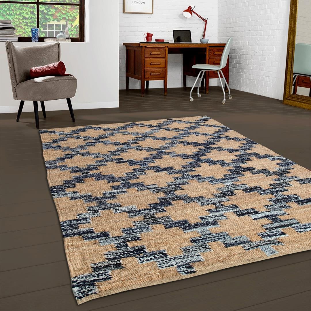 Handmade Jute & Cotton Area Rug - 5x7.8 Feet Denim Jute with Sun Trellis Diamond Chevron Pattern | Natural Fiber Floor Mat for Living Room, Bedroom & Boho Decor