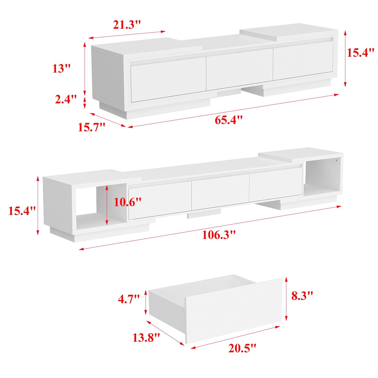 Modern Extendable TV Stand with Drawers - FAMAPY 65.4-106.3 Inch Adjustable TV Console Table, Contemporary Entertainment Center & Media Storage Cabinet for Living Room, Bedroom, Home Theater (White) - Perfect for Small Spaces & Apartment Living