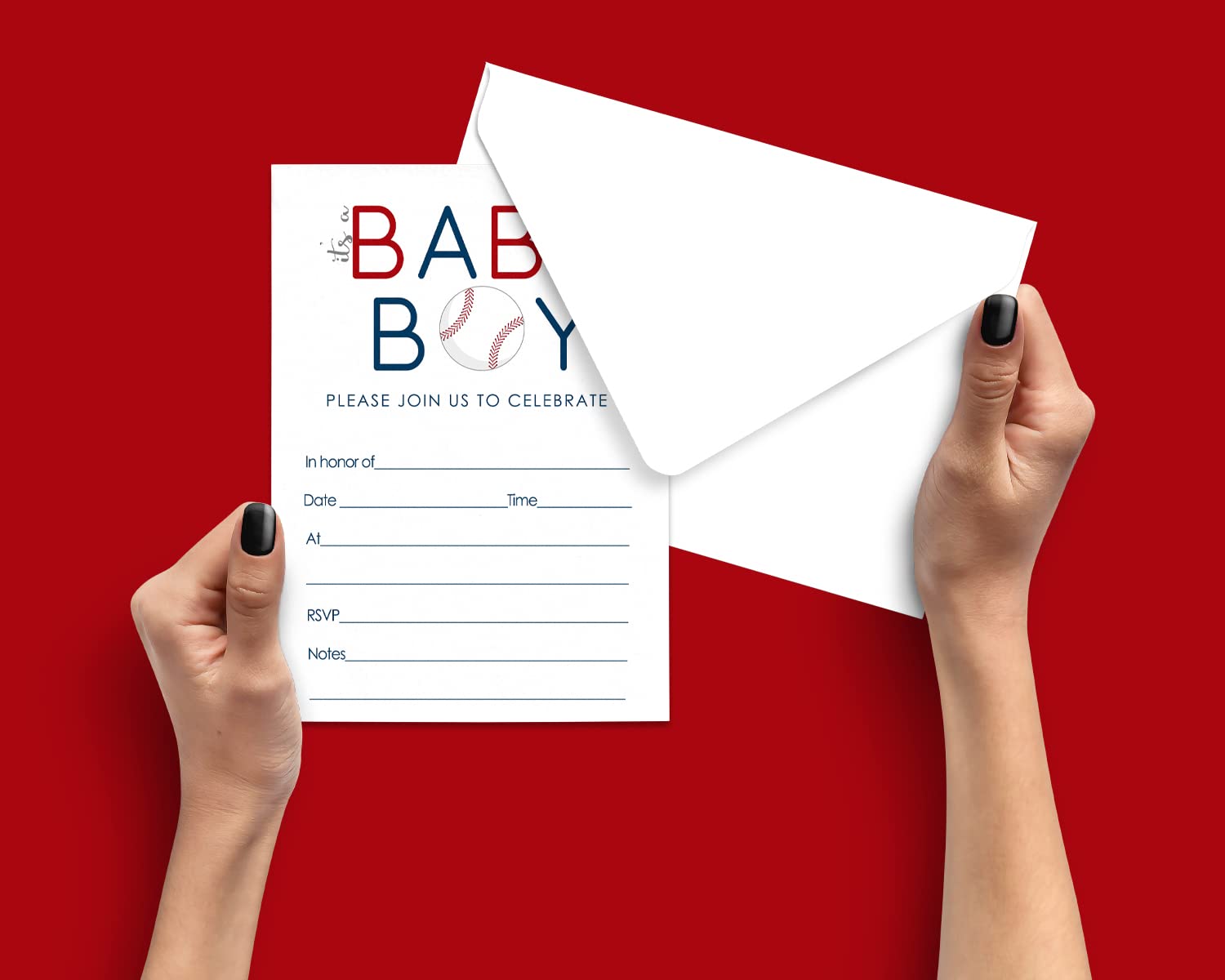 Sports Theme Baby Shower Invitation Bundle - 25 Red & Blue Baseball Party Invites with Envelopes, Diaper Raffle Inserts & Bring a Book Cards for Gender Reveal (Perfect for Boys' Baby Showers, Birthday Parties & Gender Reveal Events)