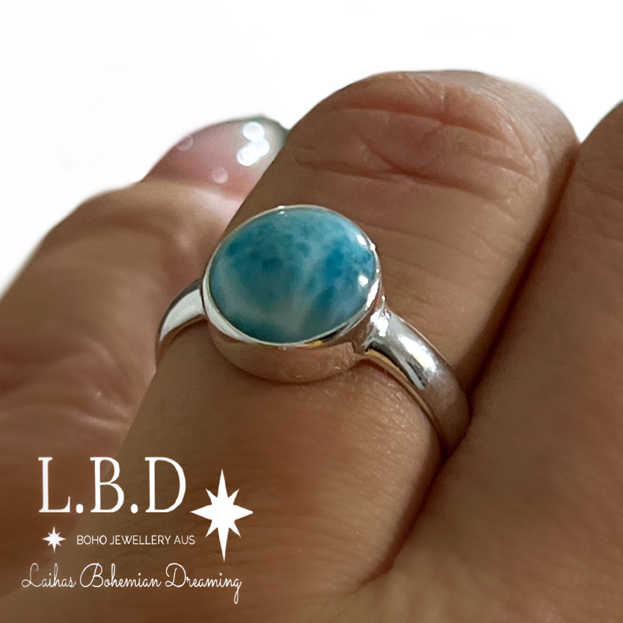 Laihas Casual Summer Larimar Ring - 10mm Round Blue Gemstone Jewelry for Women - Perfect for Beach Vacations, Weddings & Everyday Wear