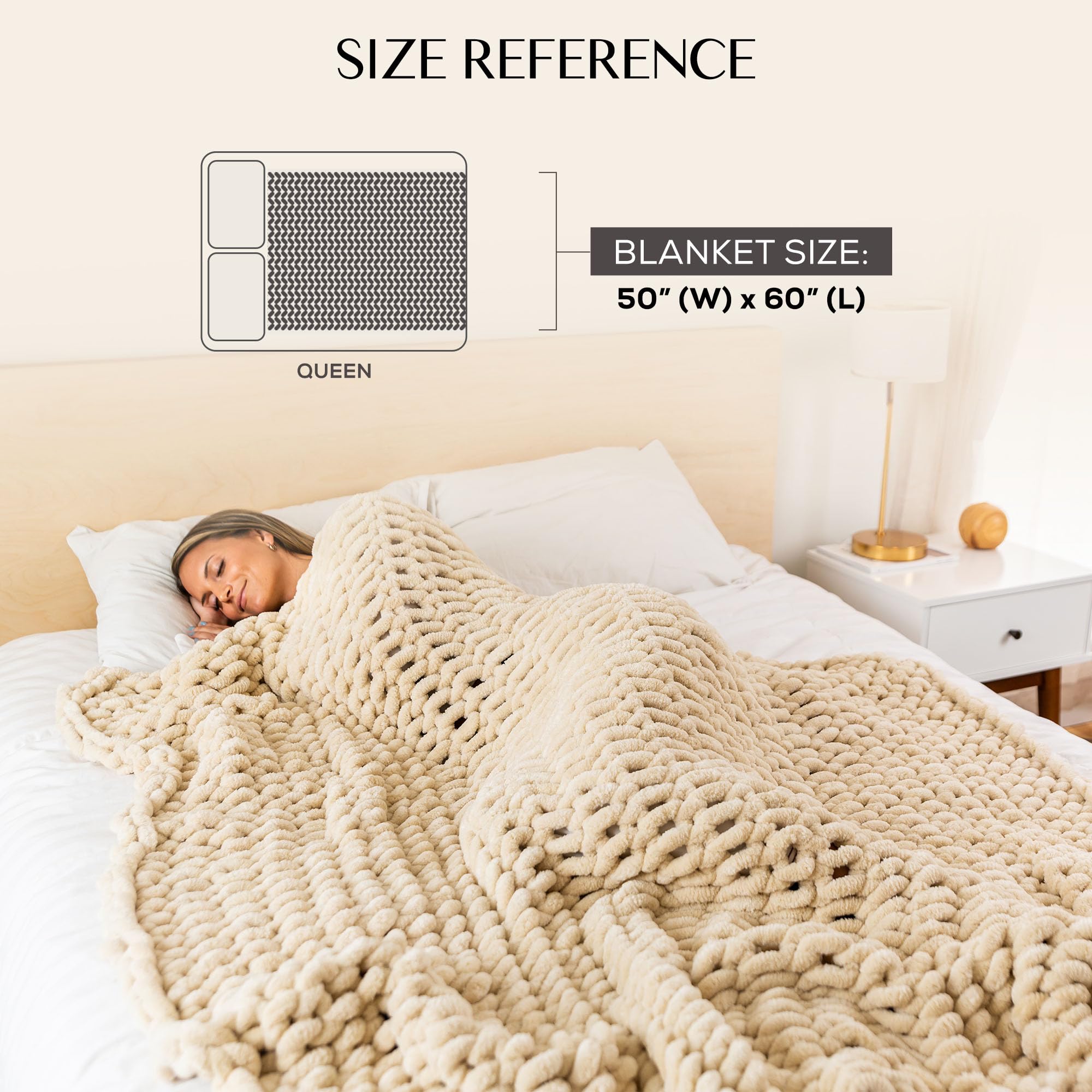 Luxury SAMIAH Chunky Knit Blanket Throw 50x60 Inches - Soft Cream Chenille Yarn Blanket for Cozy Living Room & Bedroom Decor - Thick Cable Knit Throw for Couch, Sofa or Bed - Perfect for Winter Snuggling, Netflix Nights & Boho Home Styling