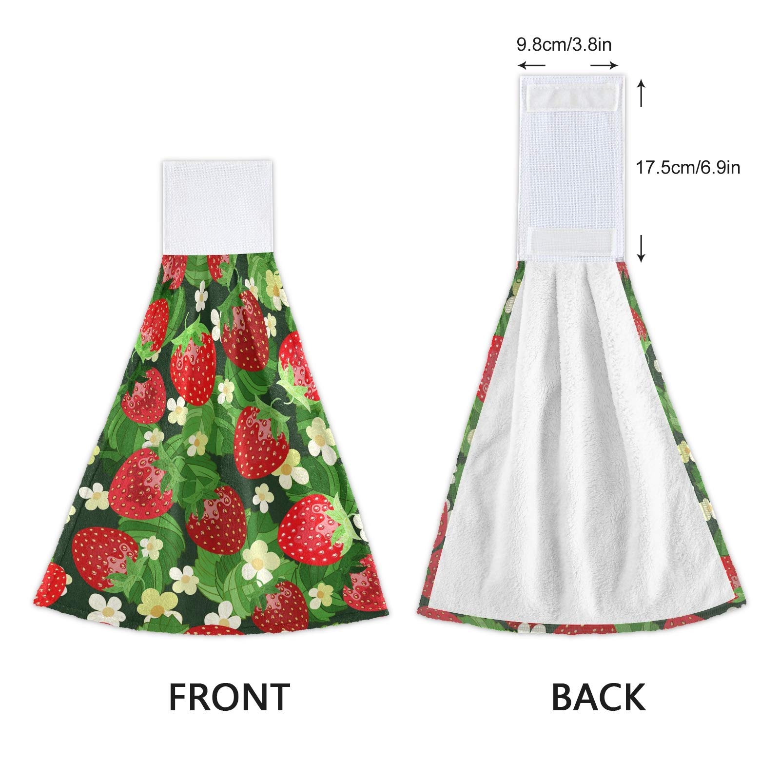 Red Strawberry White Flowers Green Leaves 2-Piece Hanging Kitchen Hand Towel Set with Hook & Loop - Absorbent Washcloths & Dishcloths for Tea Bar, Bath, and Decorative Kitchen Use