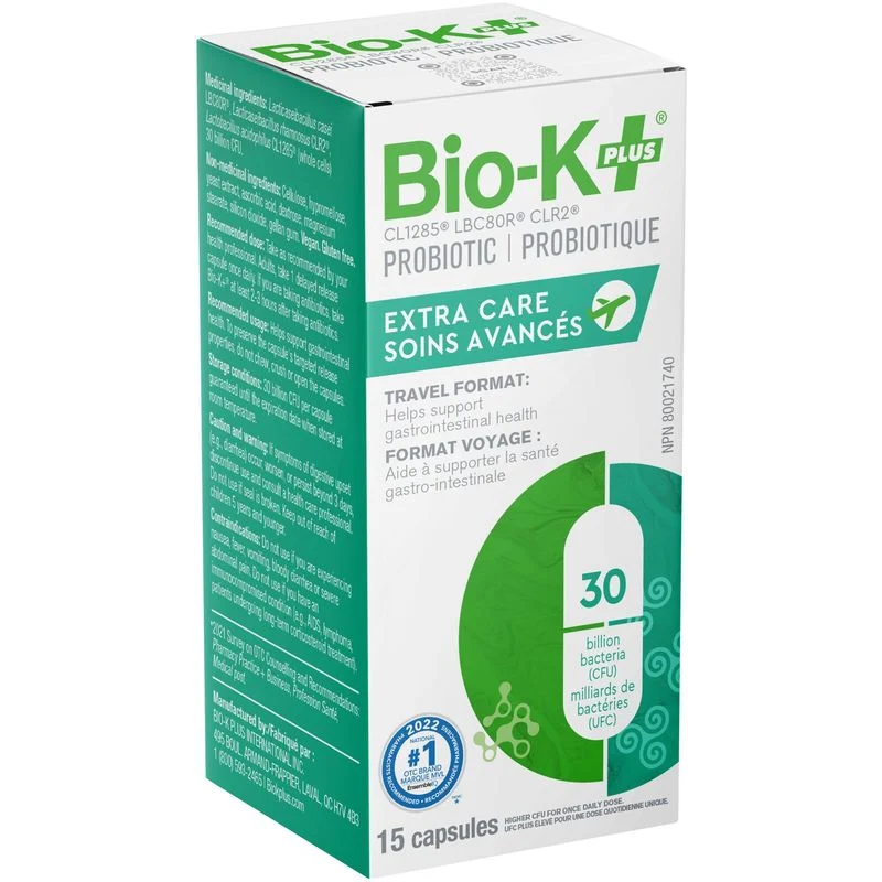 Bio K+ Extra Care Probiotic 30 Billion CFU - Travel Pack with 15 Capsules for Digestive Health & Immune Support - Perfect for On-the-Go Wellness