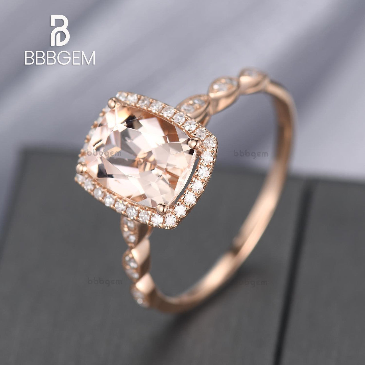2 Carat Cushion Cut Natural Peachy Pink Morganite Engagement Ring with Diamond Halo in 14K Rose Gold - Perfect for Bridal Jewelry, Anniversary Gifts & Romantic Occasions