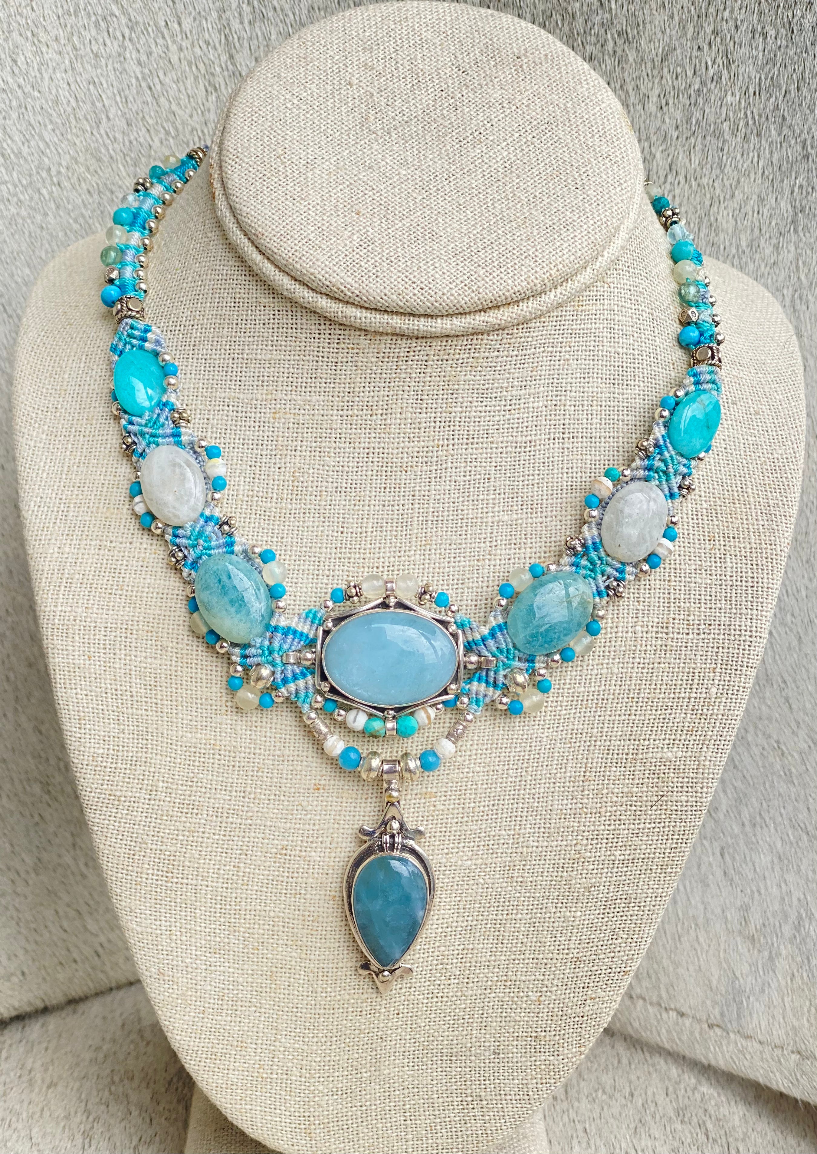 Handmade Macramé Necklace with Aquamarine and Moonstone Beads - Bohemian Jewelry for Women, Beach Wedding, Music Festival & Boho Chic Outfits