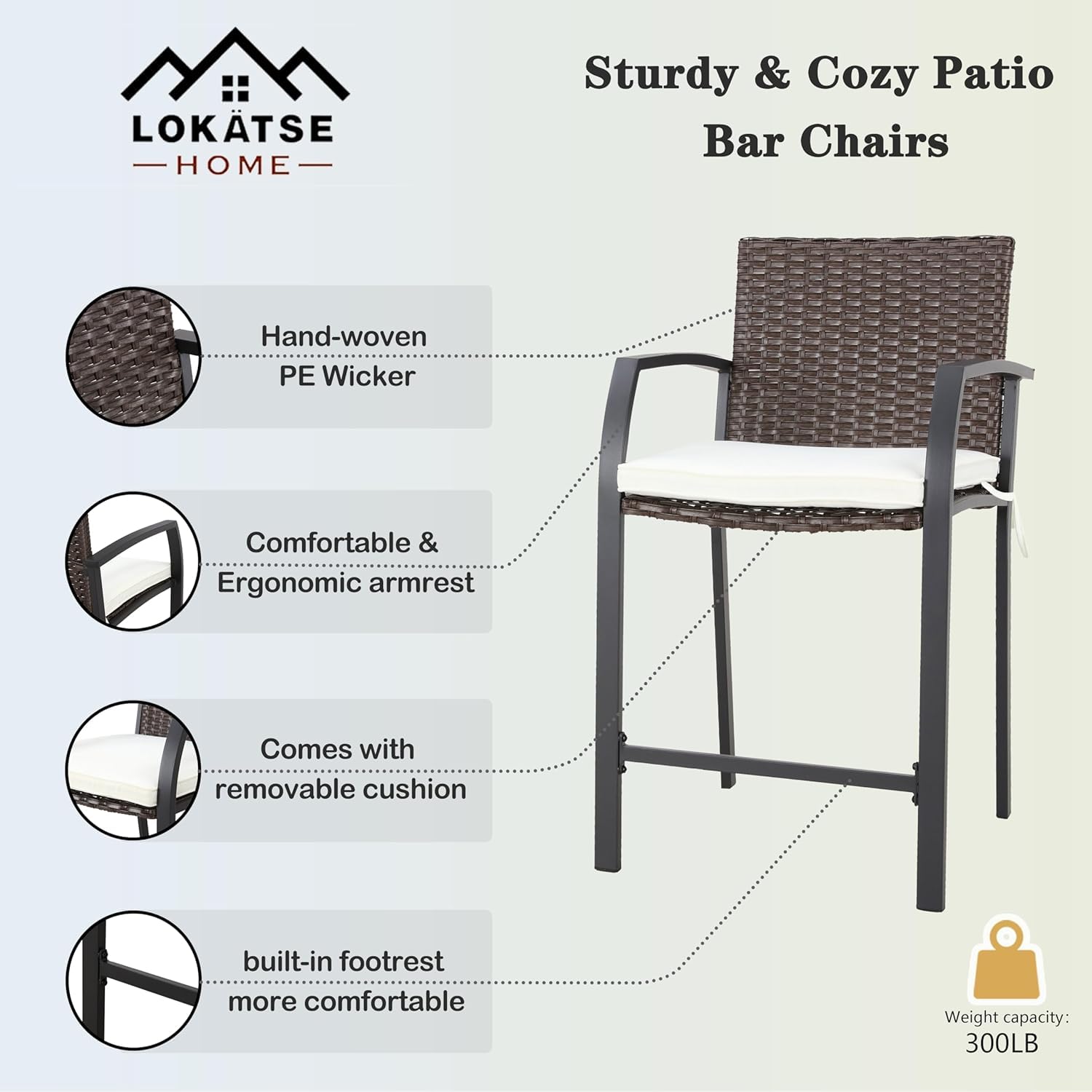LOKATSE HOME 3-Piece Outdoor Patio Bar Set - Wicker Bar Stools with High Top Square Table - Weather-Resistant White Conversation Furniture for Backyard, Poolside & Garden Dining