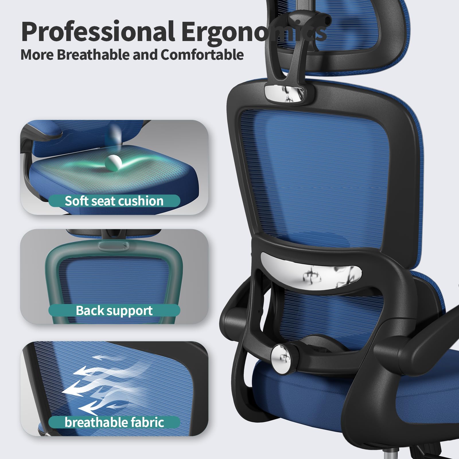 Ergonomic Office Chair with Wheels - 330 LBS Capacity Mesh Desk Chair for Home & Gaming, High Back Support for Long Hours (Blue) - Perfect for Home Office, Gaming Setup & Workspaces