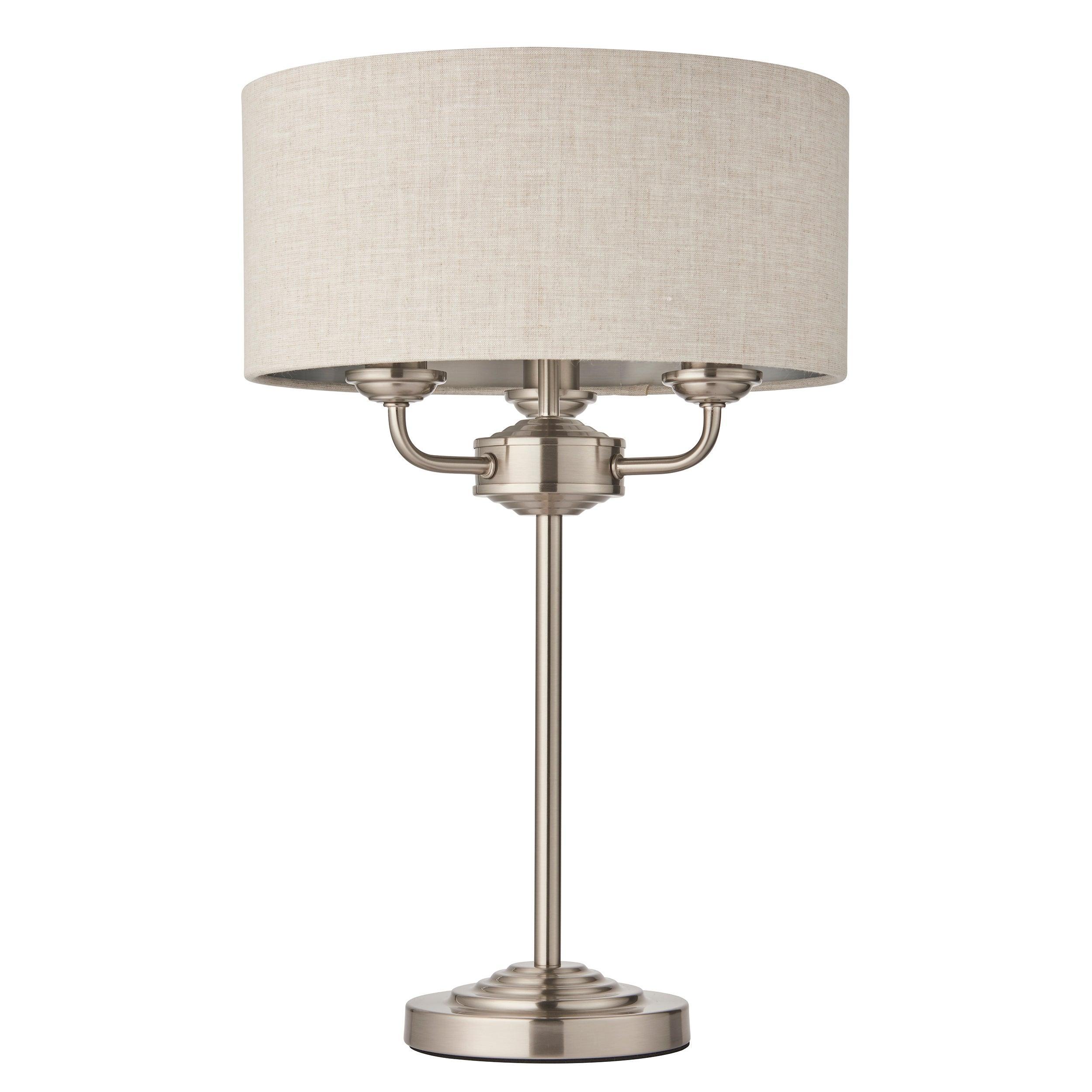 Endon Highclere Brushed Chrome 3-Light Table Lamp with Linen Shade - Perfect for Bedroom Nightstand, Living Room End Table, or Office Desk Lighting