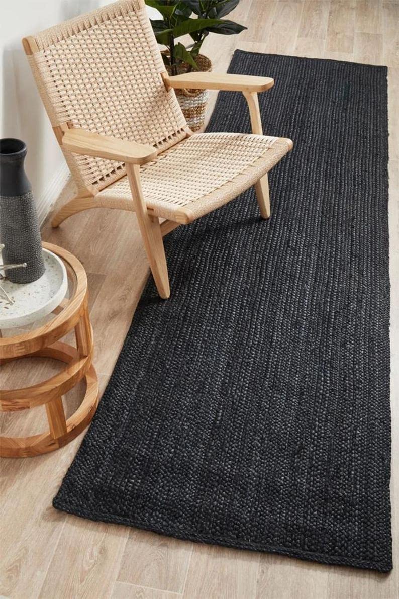 Handwoven Natural Jute Rug - Boho Braided Hemp Area Rug for Living Room, Bedroom & Entryway - Custom Size Available (2x14 Feet Runner, Black) - Eco-Friendly Home Decor & Floor Mat