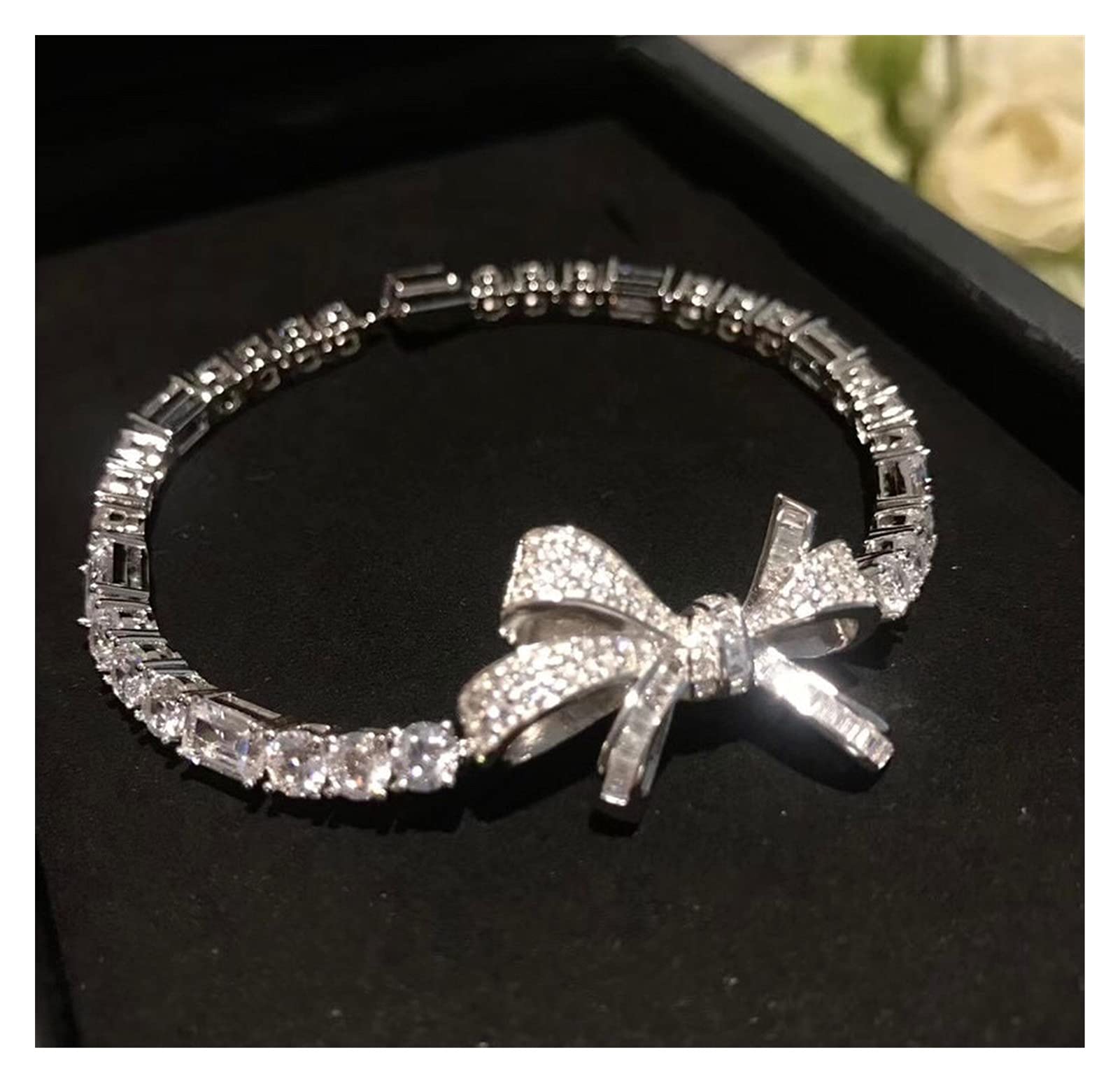 AGOUNOD Sterling Silver Bowknot Bracelet for Women - Elegant Cubic Zirconia Bangle, Romantic Gift for Her (Silver) | Perfect for Weddings, Anniversaries & Special Occasions