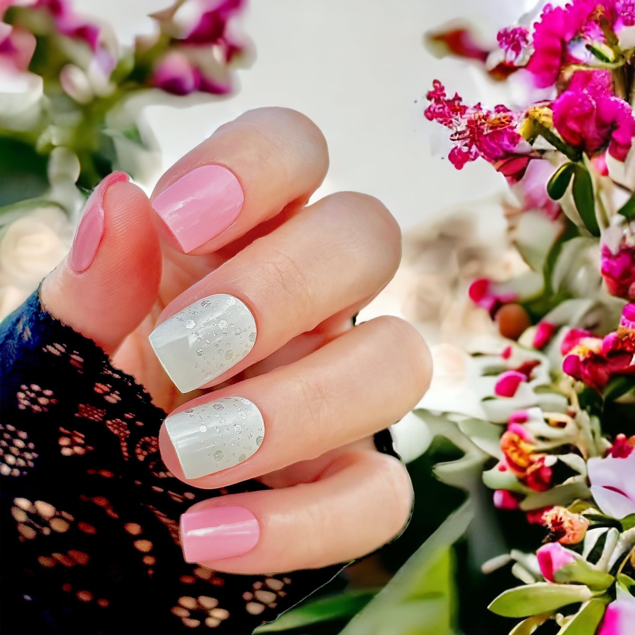 22 Premium Semi-Cured Gel Nail Polish Strips Kit with Application Accessories - Pink, Glitz & White Shades for Long-Lasting Manicures at Home or Salon