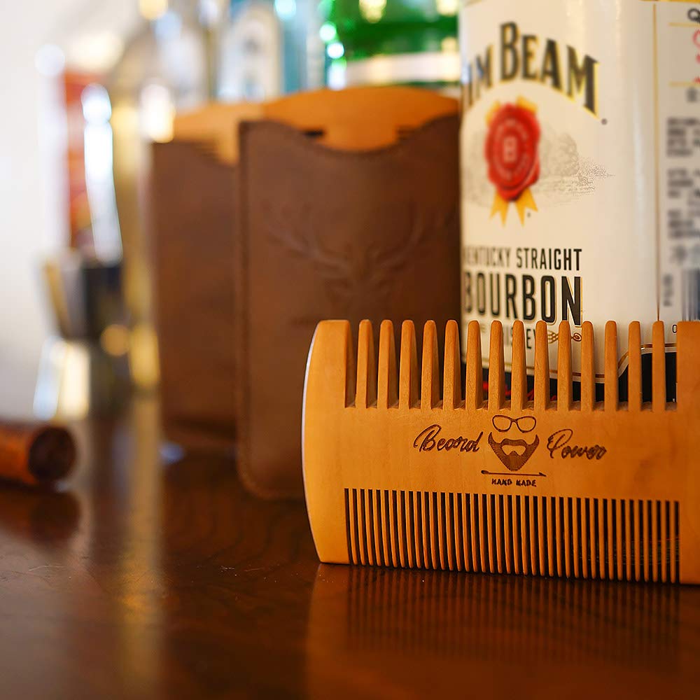 Premium Wooden Beard Comb Set - 3 Piece with Durable Travel Case for Men | Fine & Coarse Teeth for Mustache & Beard Grooming | Natural Brown Deer Design | Perfect for Daily Care & Travel Essentials