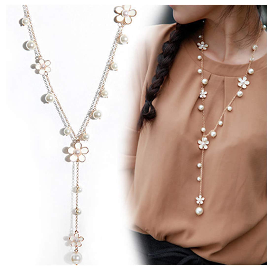 Elegant Yellow Chimes Long Chain Necklace with Floral Pearl Pendant for Women and Girls - Perfect for Weddings, Parties & Everyday Fashion Accessories