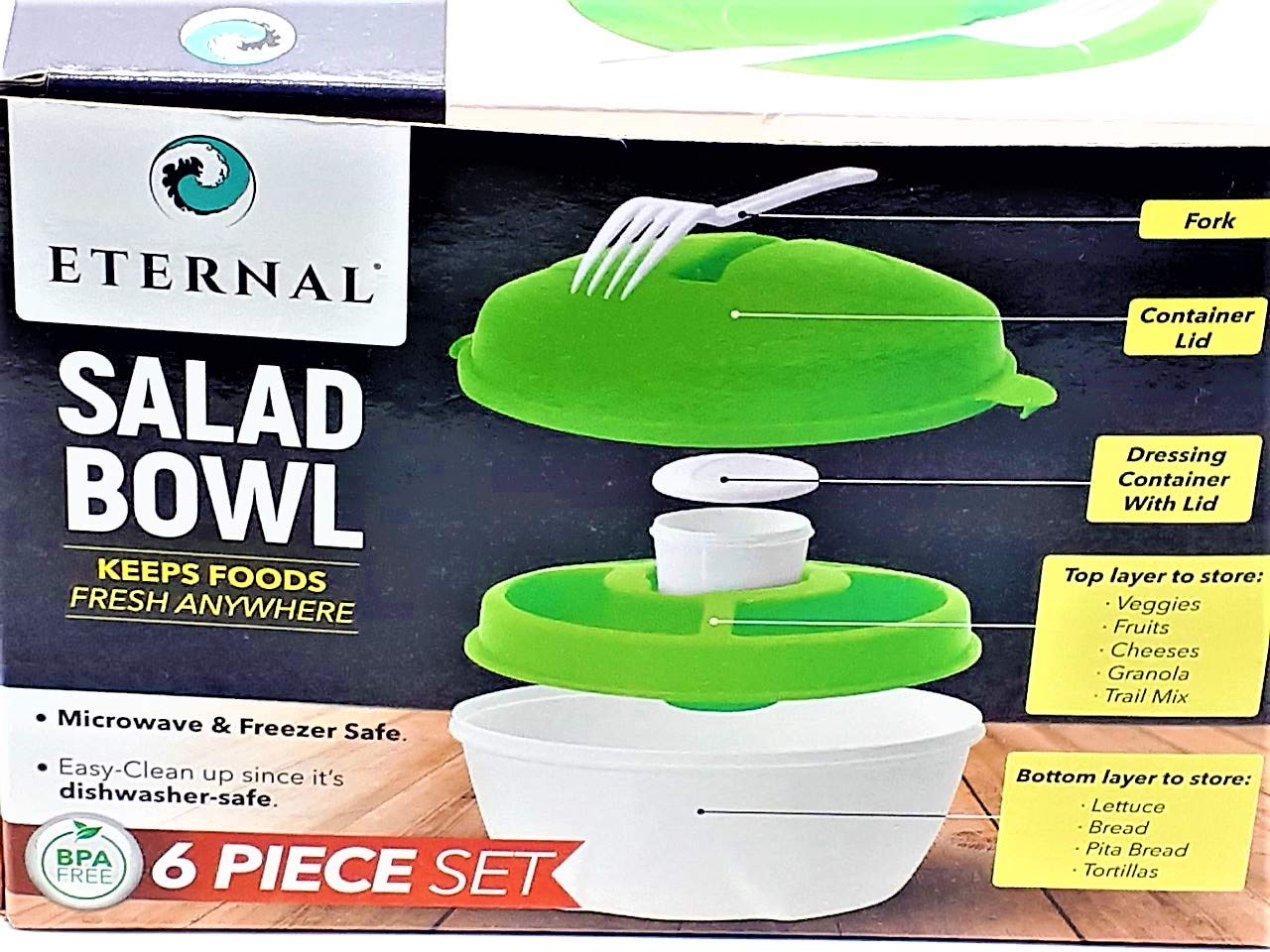 Eternal Healthy Eating Salad Bowl & Lunch Box Set - 6 Piece BPA-Free, Leak-Proof Containers with Fork - Large Green Containers for Office Lunch, Meal Prep & Picnics