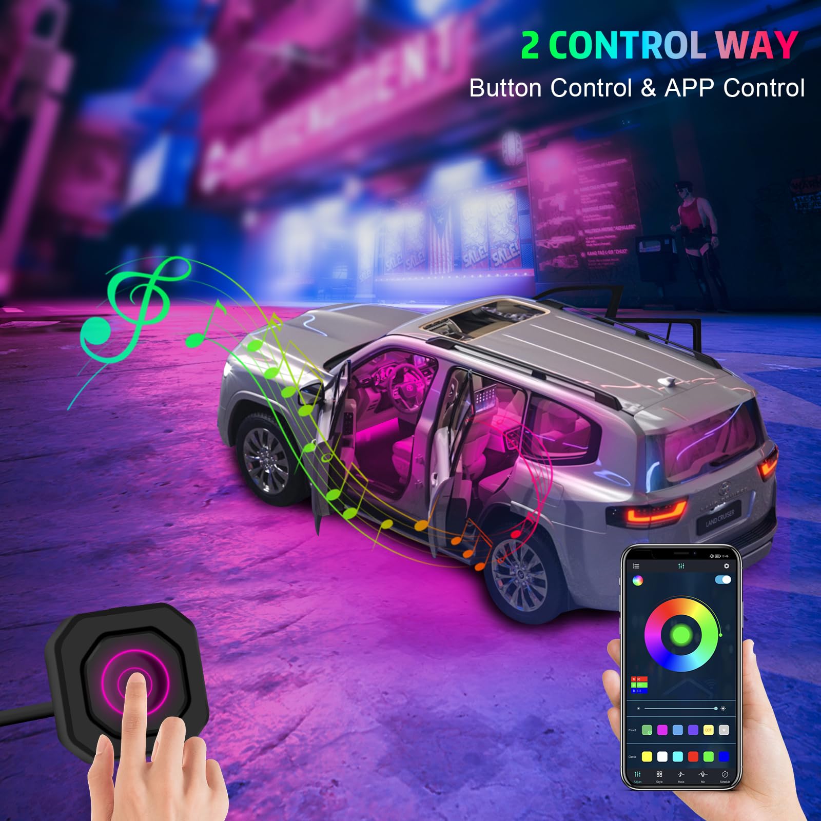 AMKI Car Neon LED Strip Lights - 16 Million RGB Colors, Sound Activated & App Control, 175-inch 593 LED Interior Ambient Lighting Kit with 213 Modes (18-in-1) for Cars, Trucks & SUVs - Perfect for Night Driving, Car Shows & Custom Vehicle Lighting