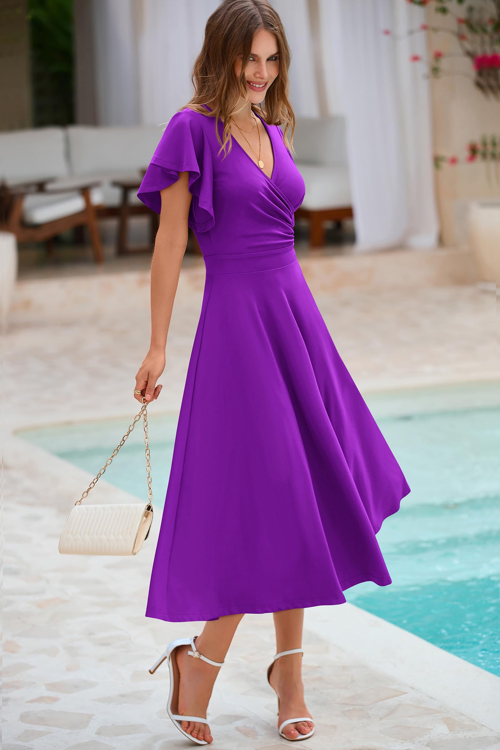 PRETTYGARDEN Women's Summer Midi Dress 2025 - Floral Print Ruffled Sleeve V-Neck A-Line Cocktail Dress for Wedding Guest, Party & Special Occasions | Perfect for Beach Vacations, Date Nights & Spring Events