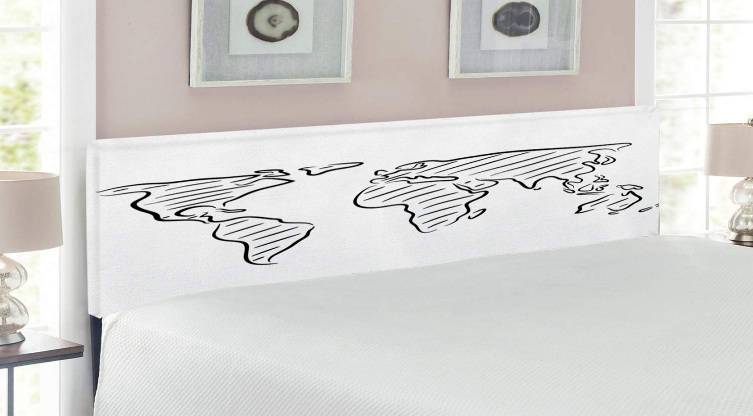 Ambesonne World Map Headboard - Black & White Outline Sketch Art Print, Upholstered Metal Bed Frame with Memory Foam, King Size | Perfect for Modern Bedrooms, Dorm Decor & Travel-Themed Interior Design