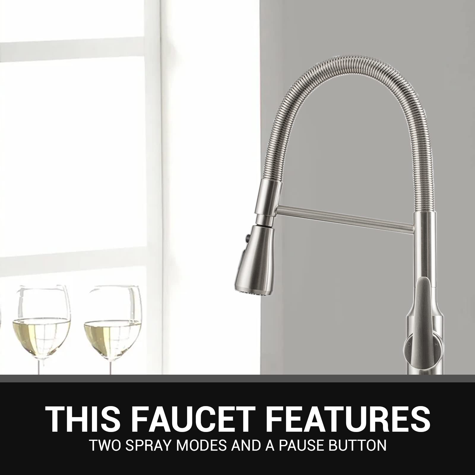 Strictly Sinks Modern Kitchen Faucet with Pull Down Sprayer - High Arc Single Handle Spring Faucet, 3 Function Spray Head & 360° Swivel Spout - Micro Coil Design with Towel Bar - Perfect for Contemporary Kitchens, Dishwashing, and Food Prep