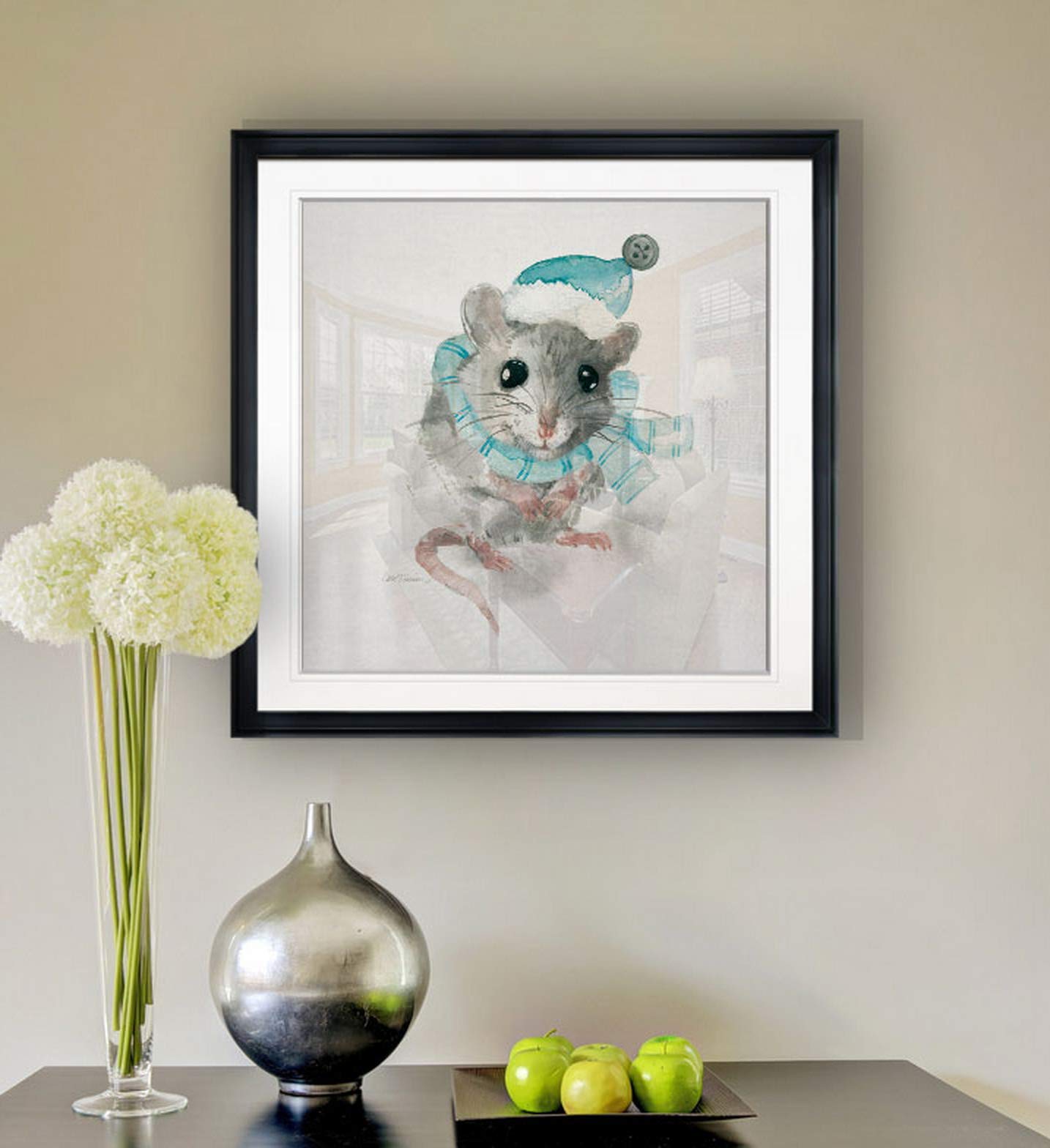 Christmas Critter Mouse Nursery Decor - Framed Animal Wall Art Painting, Abstract Kids Giclee Canvas Prints for Baby Room & Playroom | Perfect Holiday Gift & Home Decoration