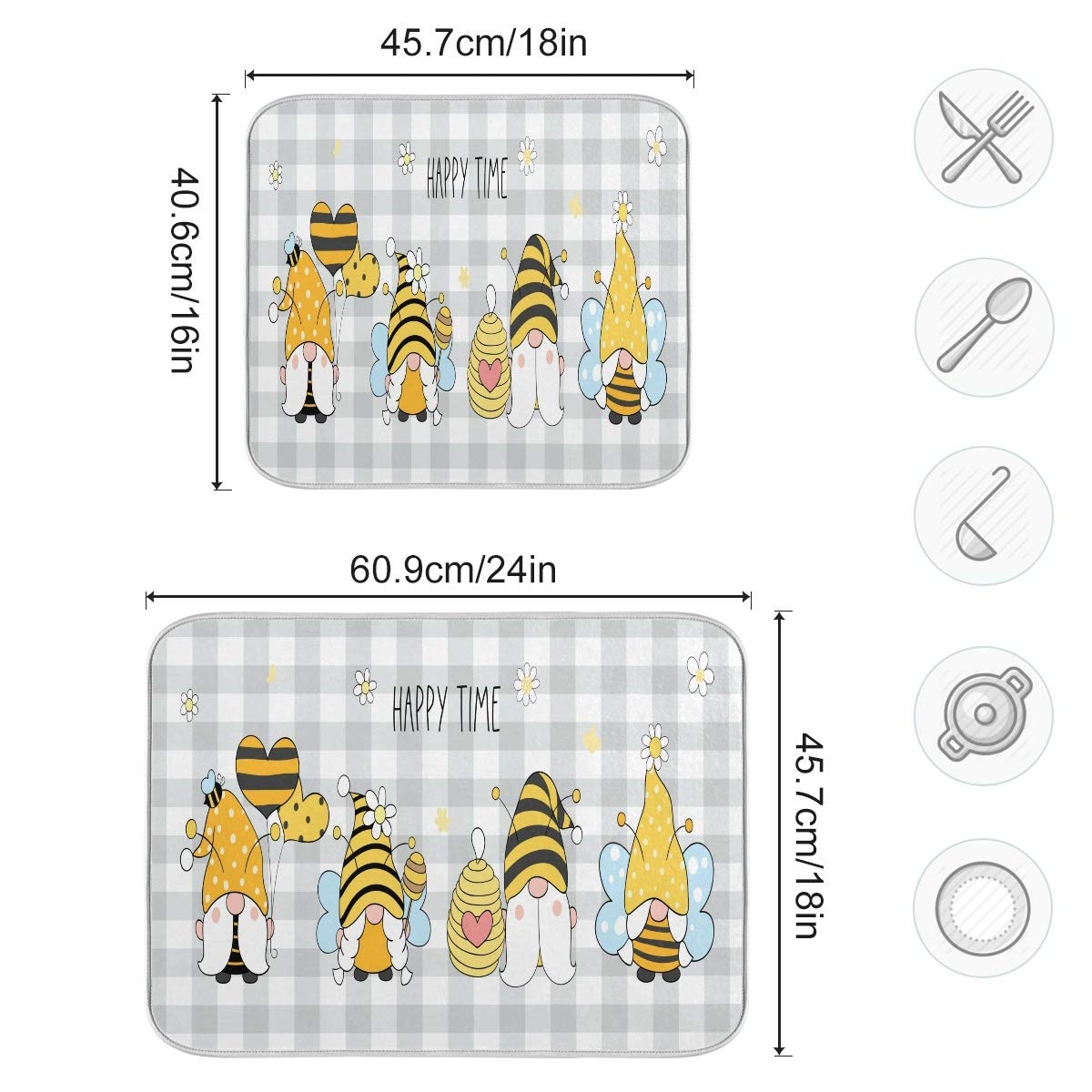 Bees Gnome Microfiber Dish Drying Mat 16x18 - Fast Absorbent Kitchen Counter Mat for Dishes (Grey Buffalo Plaid) - Perfect for Countertop Protection