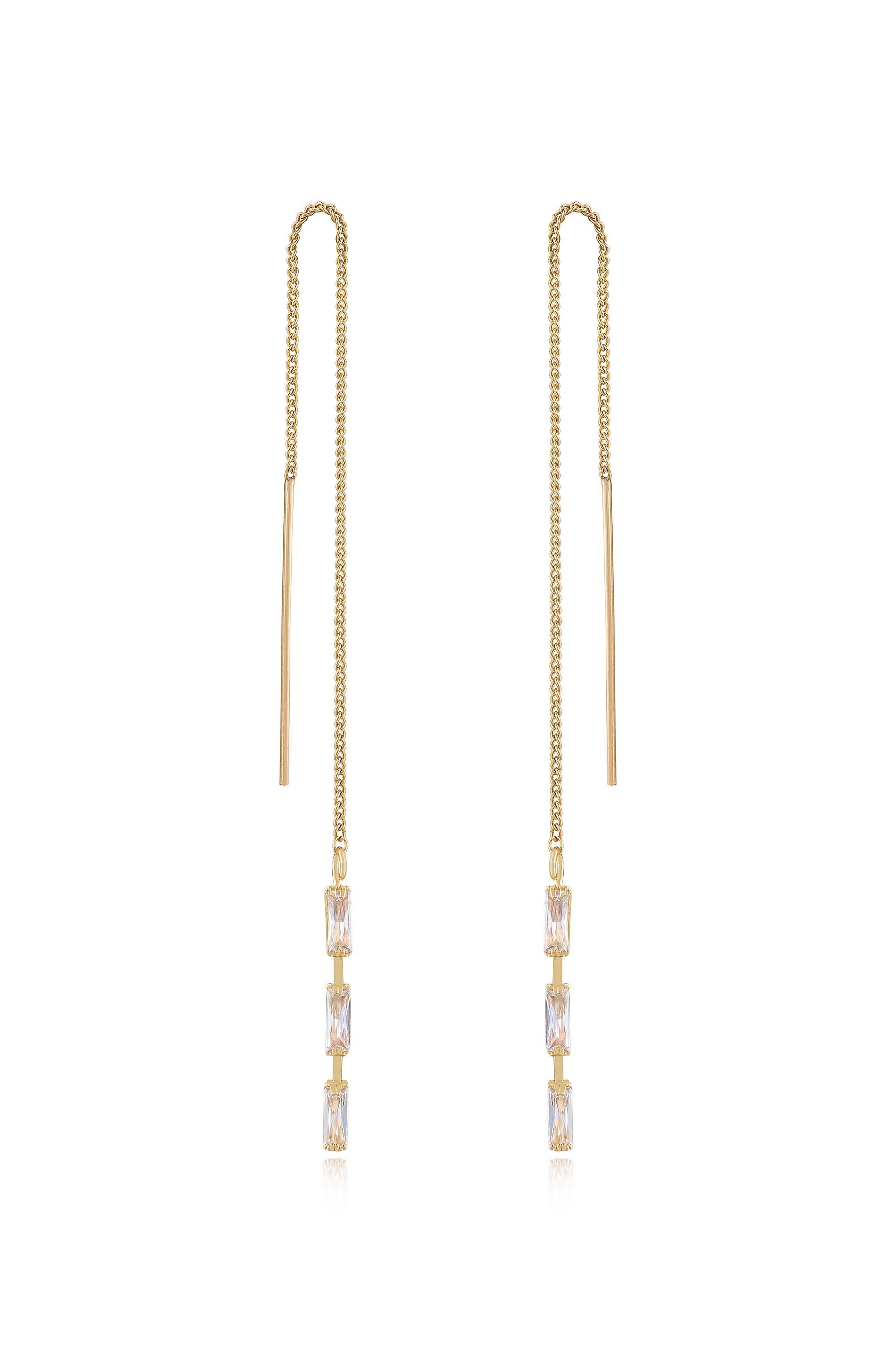Crystal Baguette Threader Earrings for Women - Dainty Sparkling Drop Earrings for Parties, Weddings & Everyday Wear