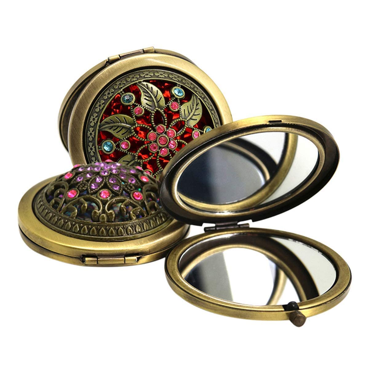 Antique Metal Double Sided Compact Mirror for Travel & Purse - Small Folding Pocket Makeup Mirror for Handbag, Cosmetic Touch Ups - Perfect for On-the-Go, Office, Travel & Daily Makeup Retouching (Random Style, Pack of 1)
