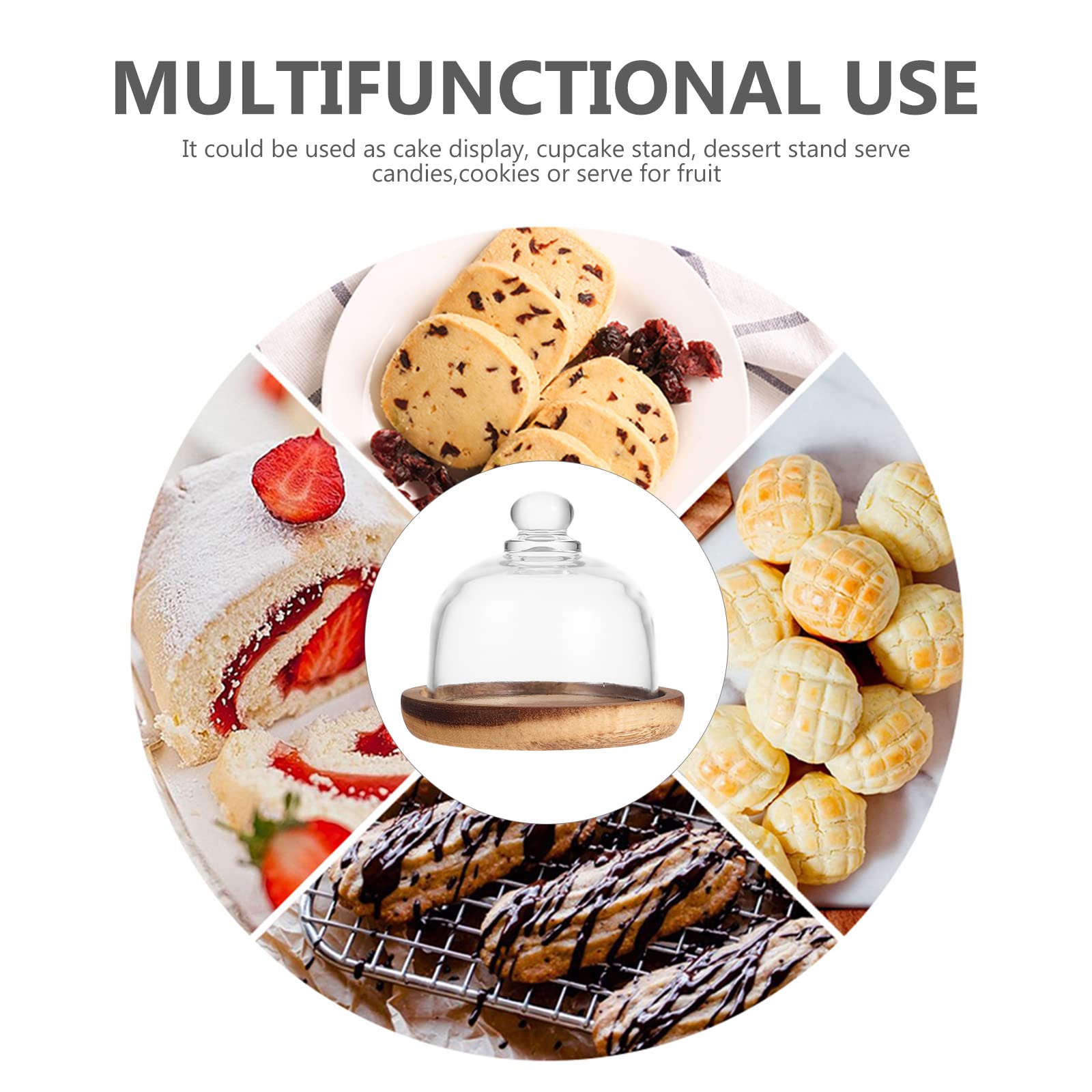 Round Wood Cake Stand with Clear Cloche Dome - 10CM Wooden Cake Plate Server & Pastry Display Cover for Desserts, Wedding Cakes, and Party Treats - Perfect for Home Baking, Tea Parties, and Bakery Showcases