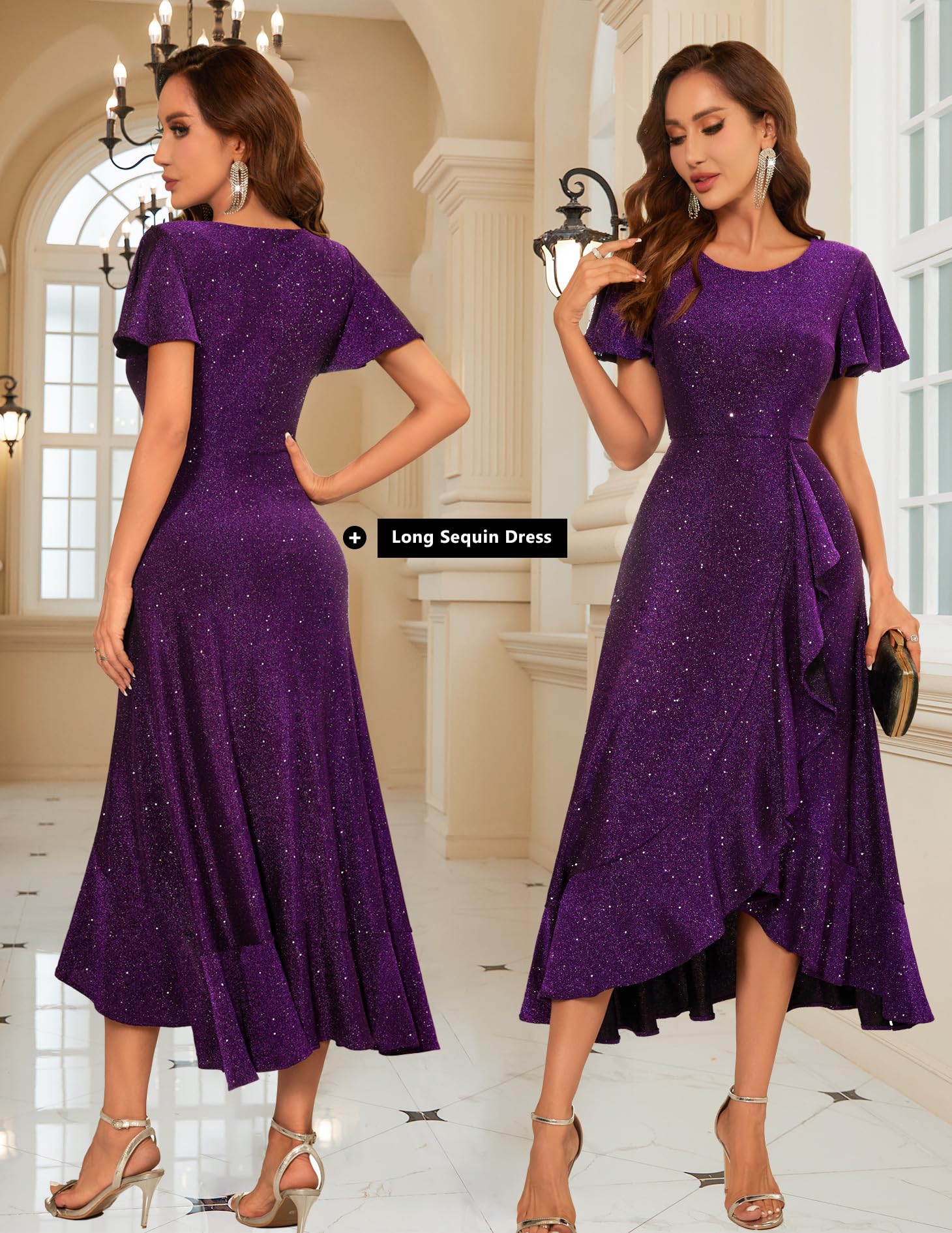 BeryLove Women's Sequin Formal Party Dress with Flutter Short Sleeves - Elegant Wedding Guest & Cocktail Evening Gown for Prom, Gala, and Special Occasions