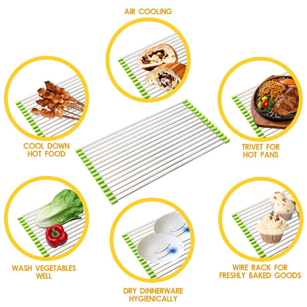 SCILLA Foldable Roll-Up Dish Drying Rack for Kitchen Sink - Non-Slip Silicone & Stainless Steel Drain Rack for Plates, Utensils, and Vegetables - Space-Saving Kitchen Organizer for Small Spaces and RVs