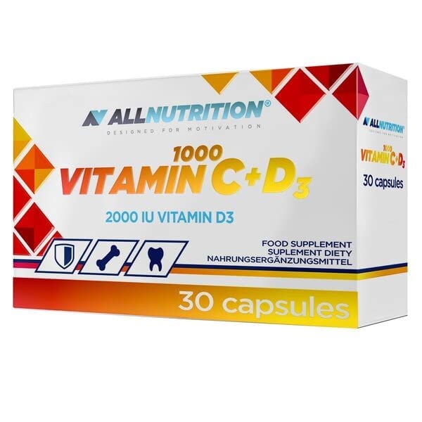 Allnutrition Vitamin C 1000mg with D3 - 30 Capsules | Immune System Support & Bone Health | Daily Supplement for Adults & Seniors