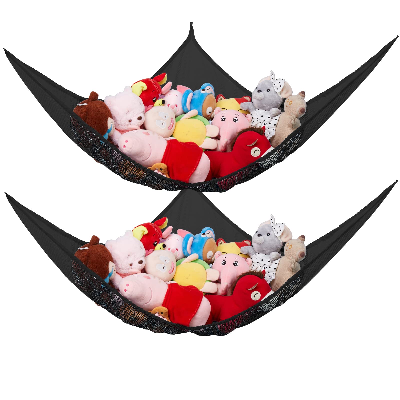 LXUNYI Extra Large Mesh Toy Hammock - 2 Pack Black Stuffed Animal Storage Net Organizer for Kids Room, Nursery & Playroom - Perfect for Storing Plush Toys, Dolls & Baby Items in Wall Corner Hanging Space