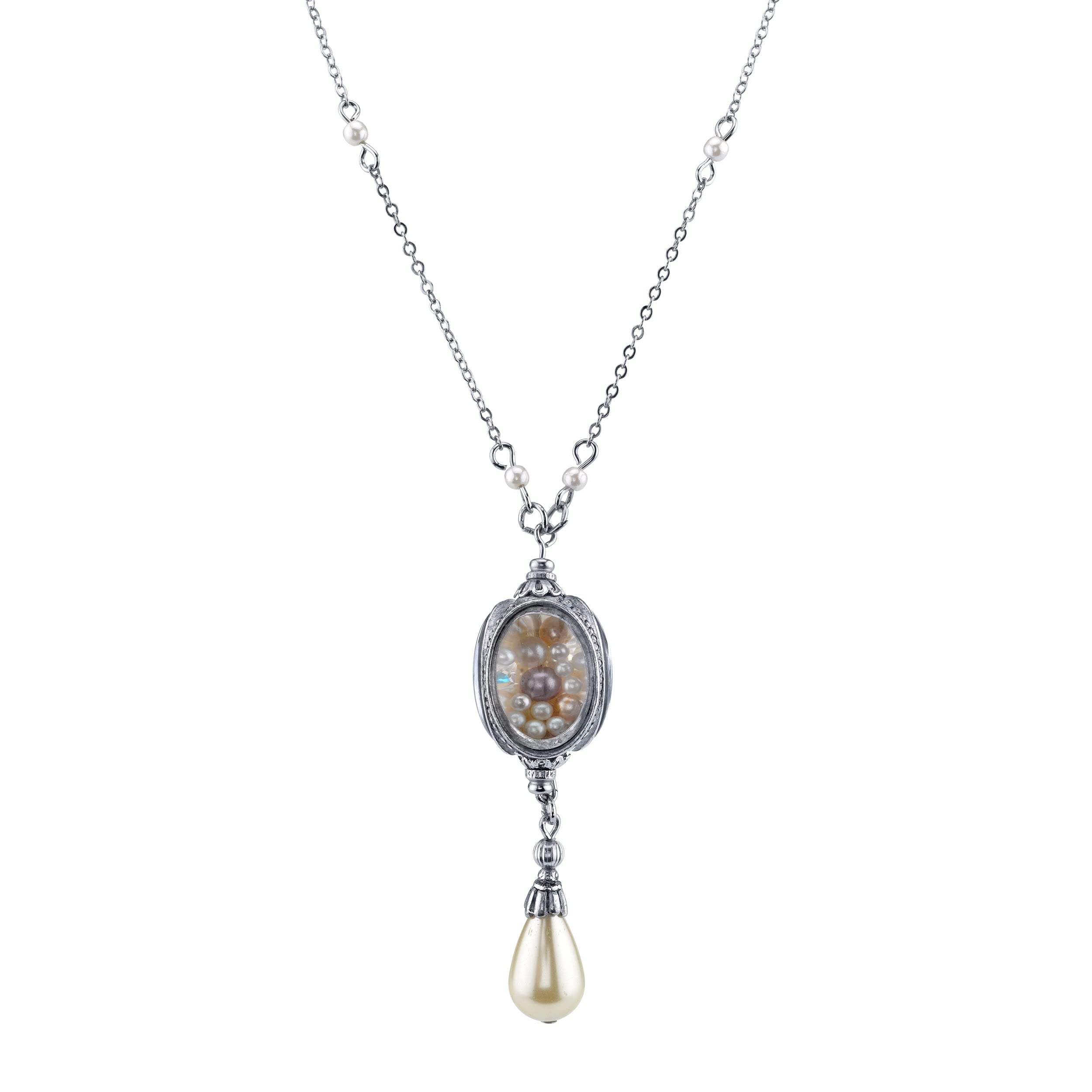 Antique Pewter Faux Pearl Drop Spinner Pendant Necklace for Women - 30 Inch Vintage Jewelry - Perfect for Weddings, Parties & Special Occasions