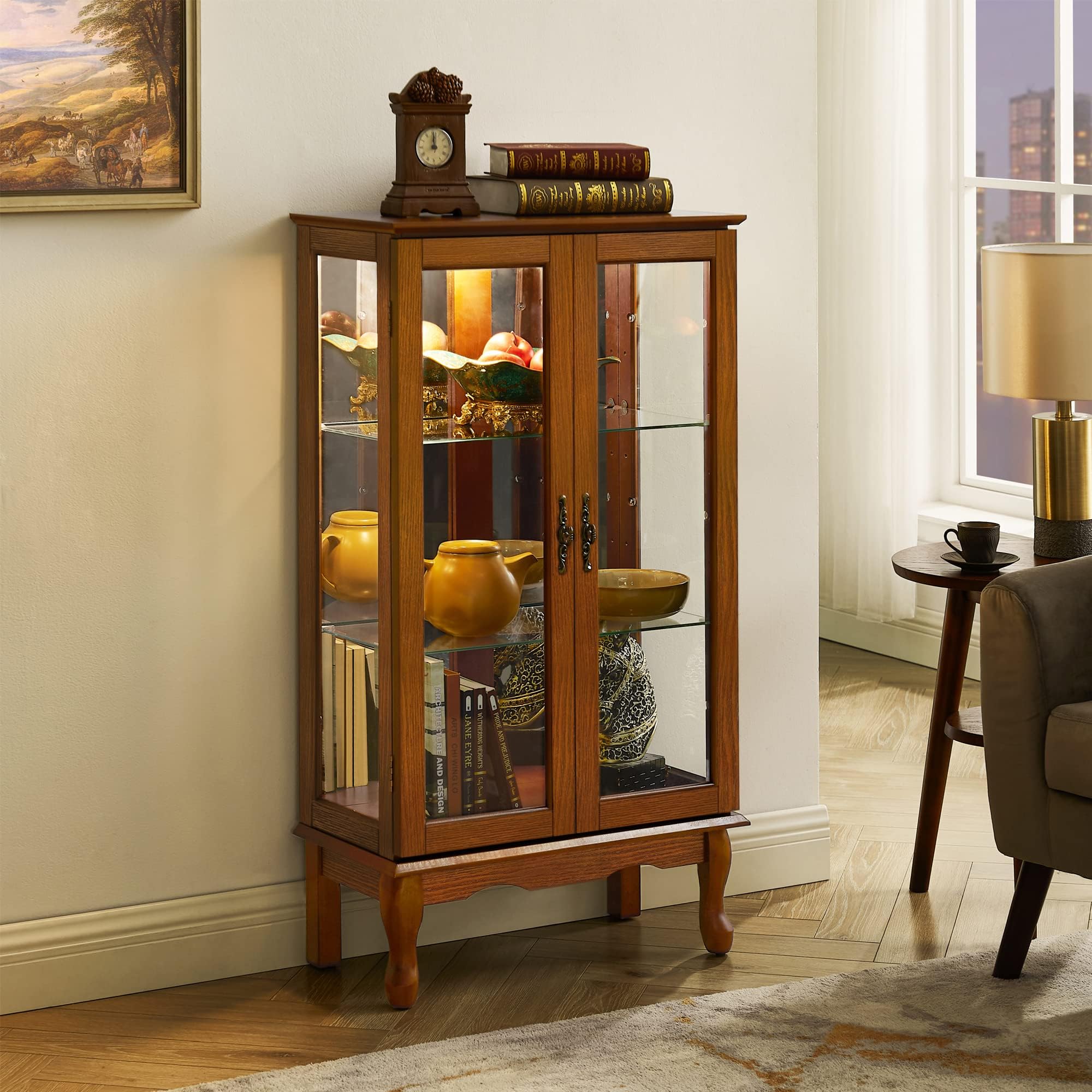 Tuscan Style Wall Mounted Curio Display Cabinet with Adjustable Shelves & Mirrored Back - 3 Tier Oak Wood Storage Cabinet with Tempered Glass Doors (E26 Light Bulb Not Included) - Perfect for Living Room Decor, Dining Room Display & Bedroom Storage