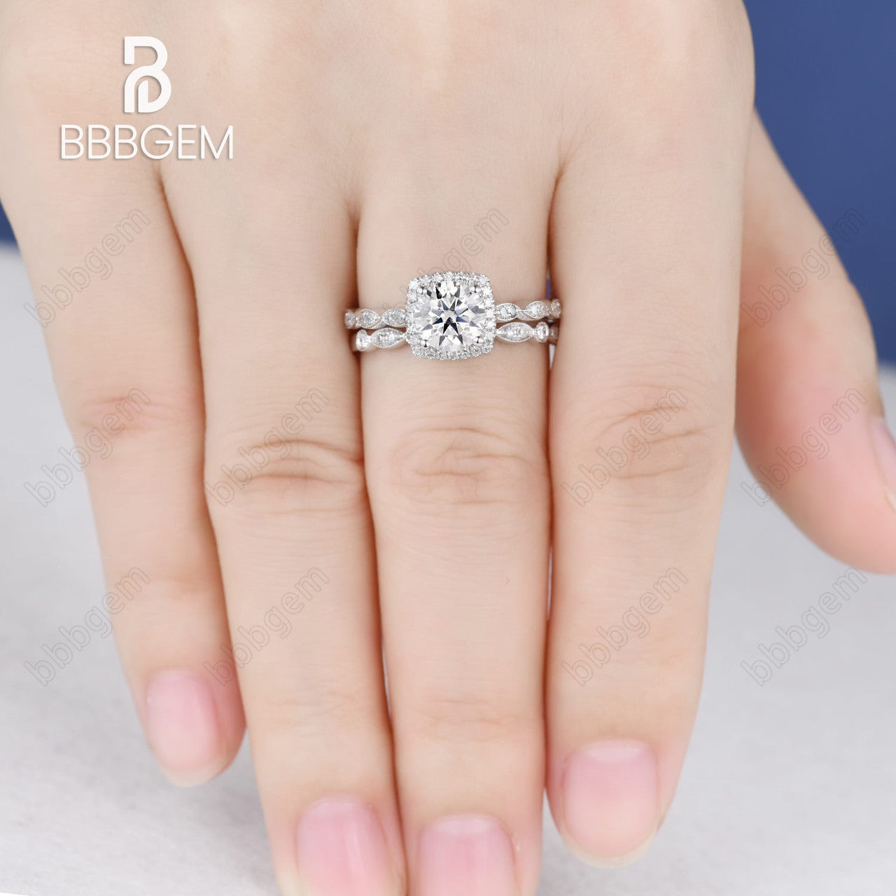 Art Deco Moissanite Engagement Ring Set with 6.5mm Round Cut & Cushion Diamond Halo - 14k White Gold Marquise Wedding Band for Women | Perfect for Proposals, Anniversaries & Bridal Jewelry