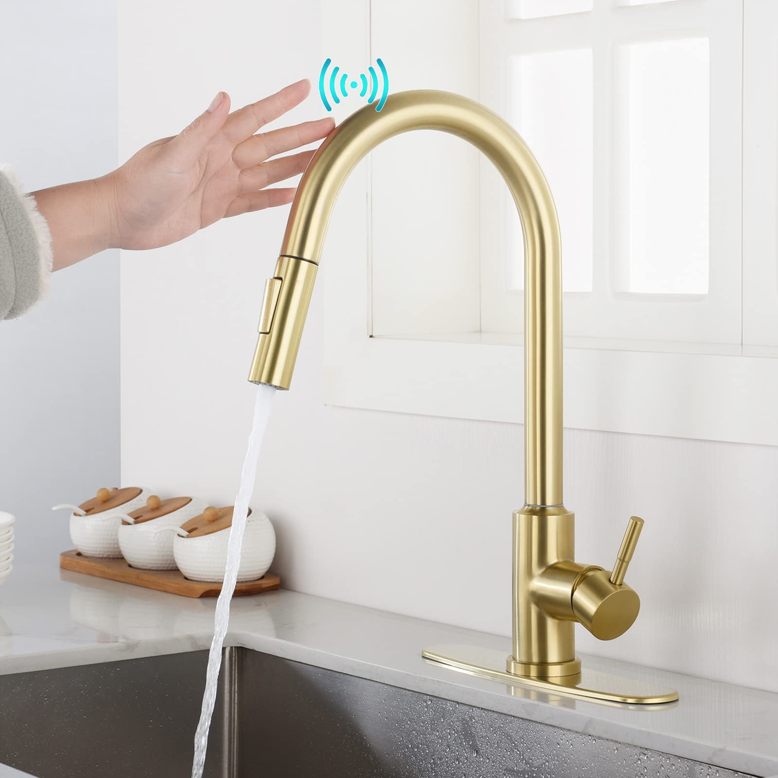 High Arc Pull Down Kitchen Faucet with Single Handle Touch Control - Brushed Nickel Stainless Steel Sprayer Sink Faucet for Single Hole Deck Mount - Perfect for Modern Kitchens, Cooking & Dishwashing