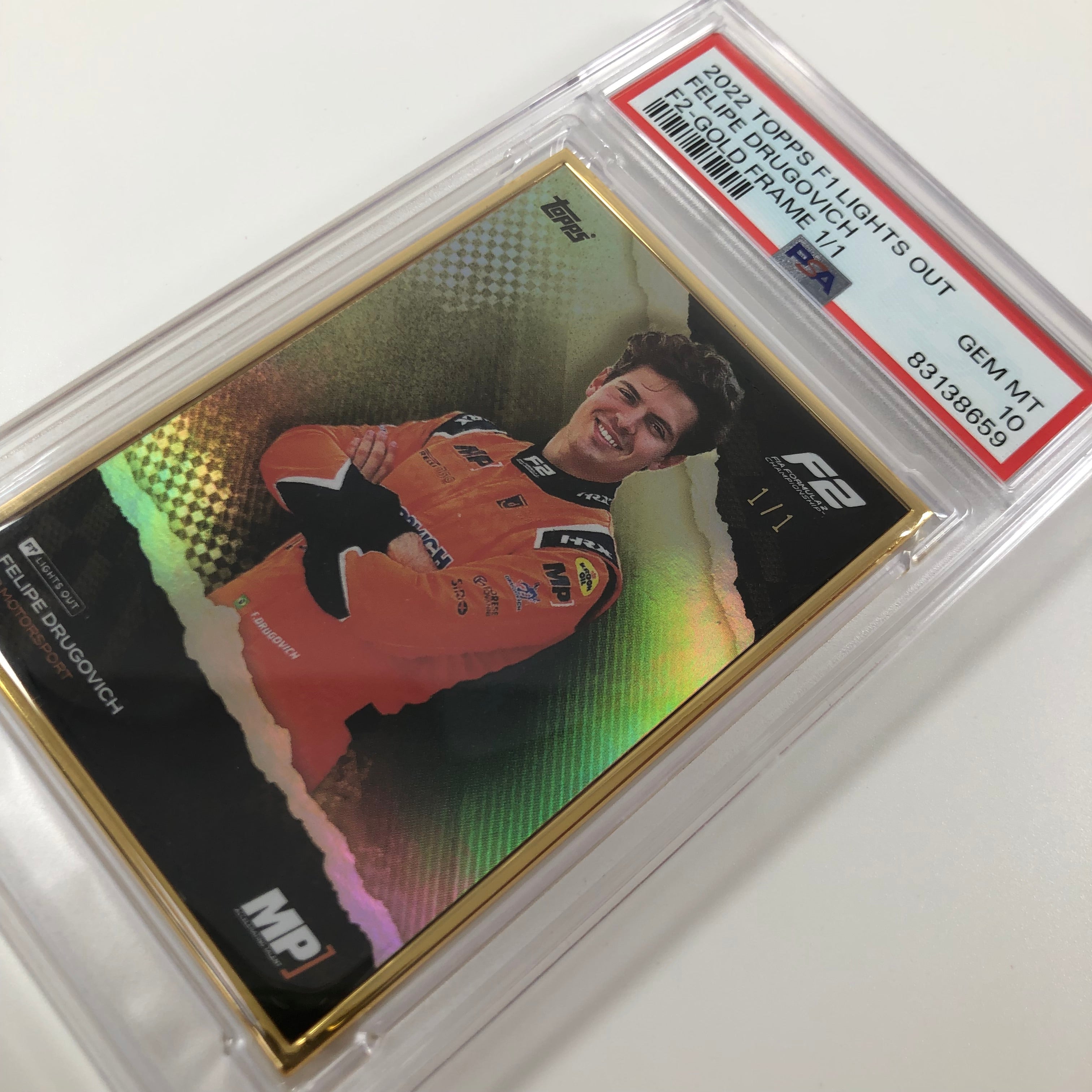 Felipe Drugovich 2022 Lights Out F2 Driver 1/1 Gold Frame PSA 10 - Perfect for Motorsport Collectors & Racing Memorabilia Displays