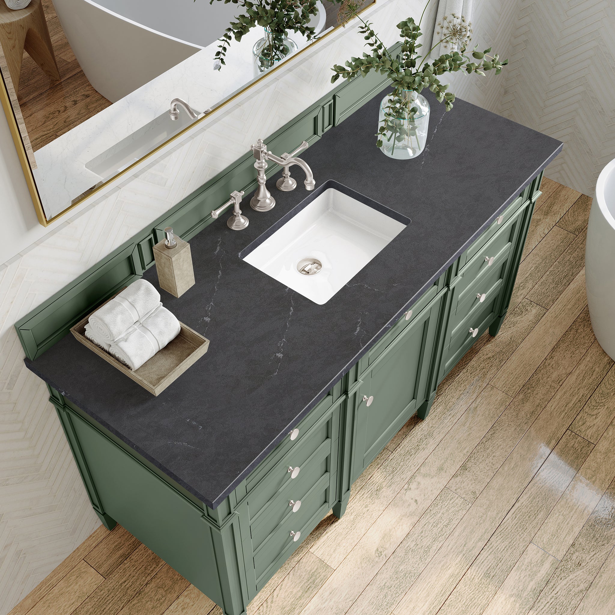 Brittany 60-Inch Single Bathroom Vanity in Smokey Celadon with 3CM Charcoal Soapstone Countertop - Perfect for Modern Master Bathrooms and Powder Rooms