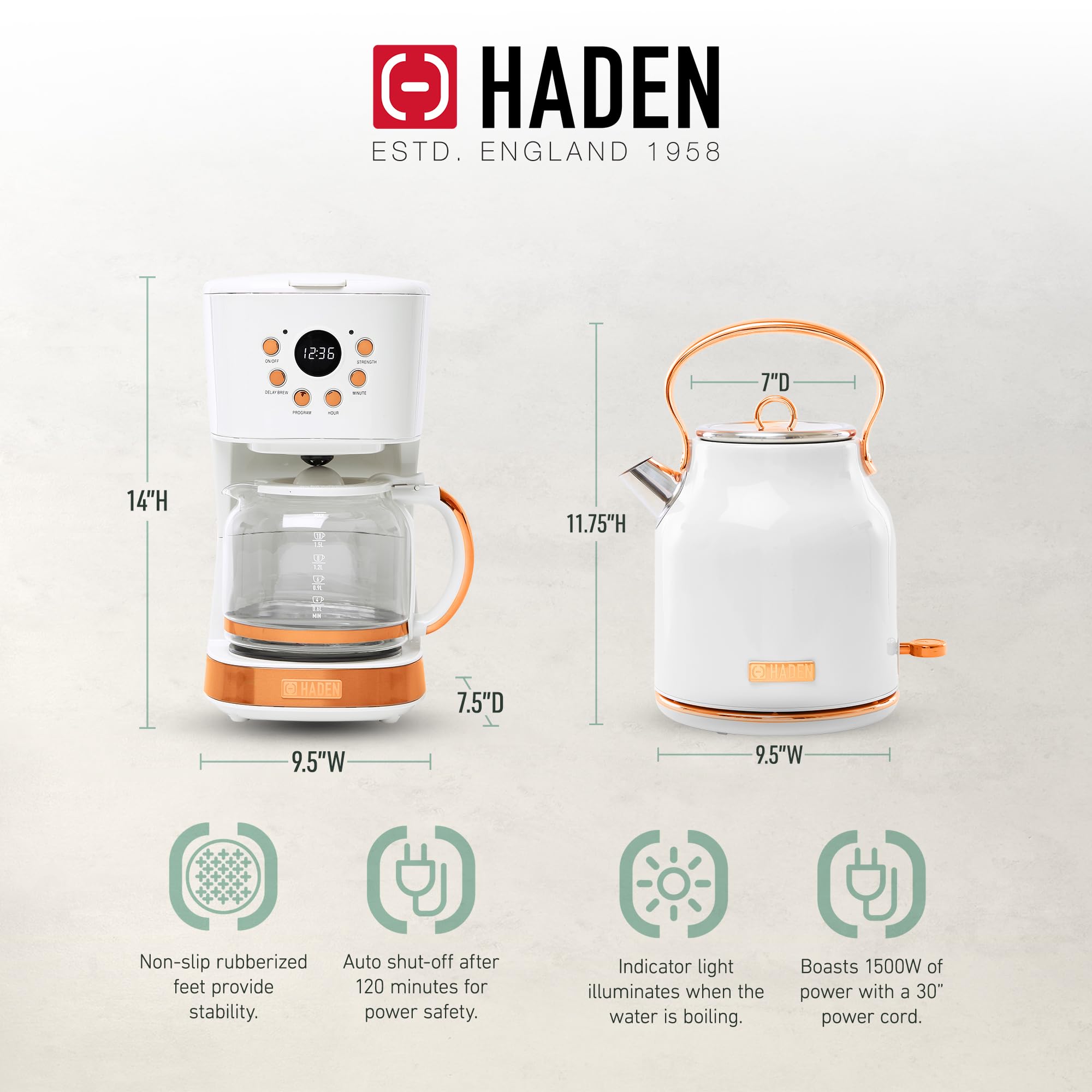 HADEN 12 Cup Drip Coffee Maker with 1.7L Stainless Steel Electric Kettle Set - Ivory & Copper Heritage Style for Home, Office & Kitchen Use