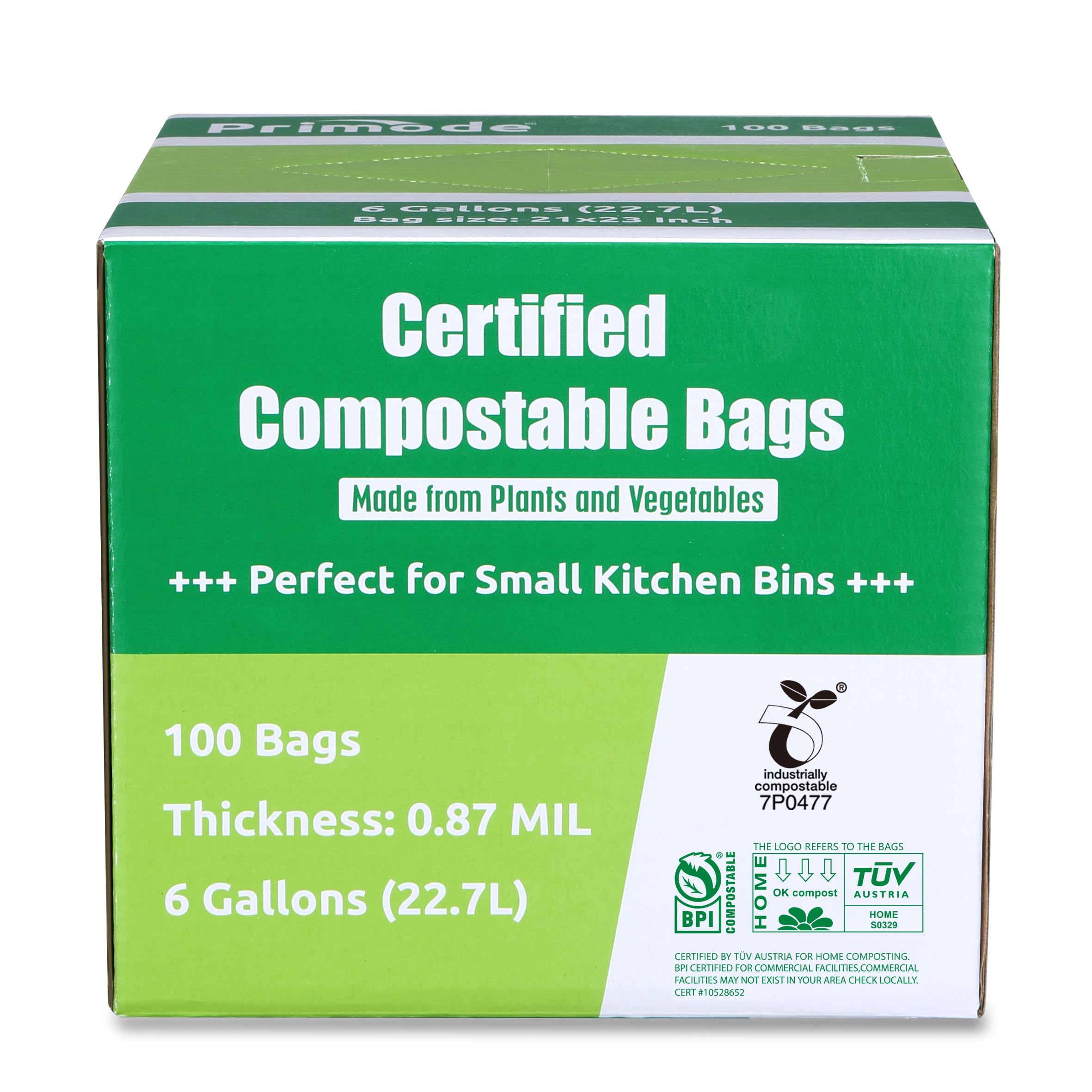 Primode 6 Gallon Compostable Trash Bags - 100 Count Extra Thick 0.87 Mil Kitchen Waste Bags | BPI & TÜV AUSTRIA Certified | Ideal for Food Scraps, Yard Waste & Eco-Friendly Home Composting