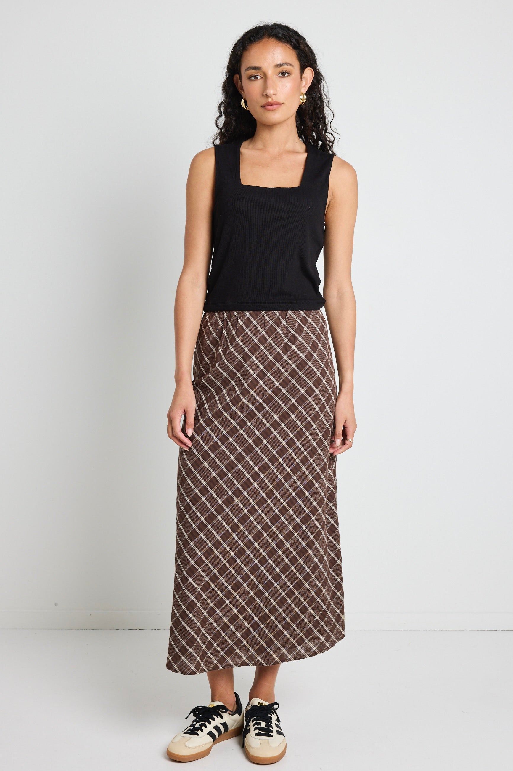 Soulmate Chocolate Check Print Bias Cut Midi Skirt | Women's A-Line Pleated Skirt for Office, Date Night & Fall Fashion