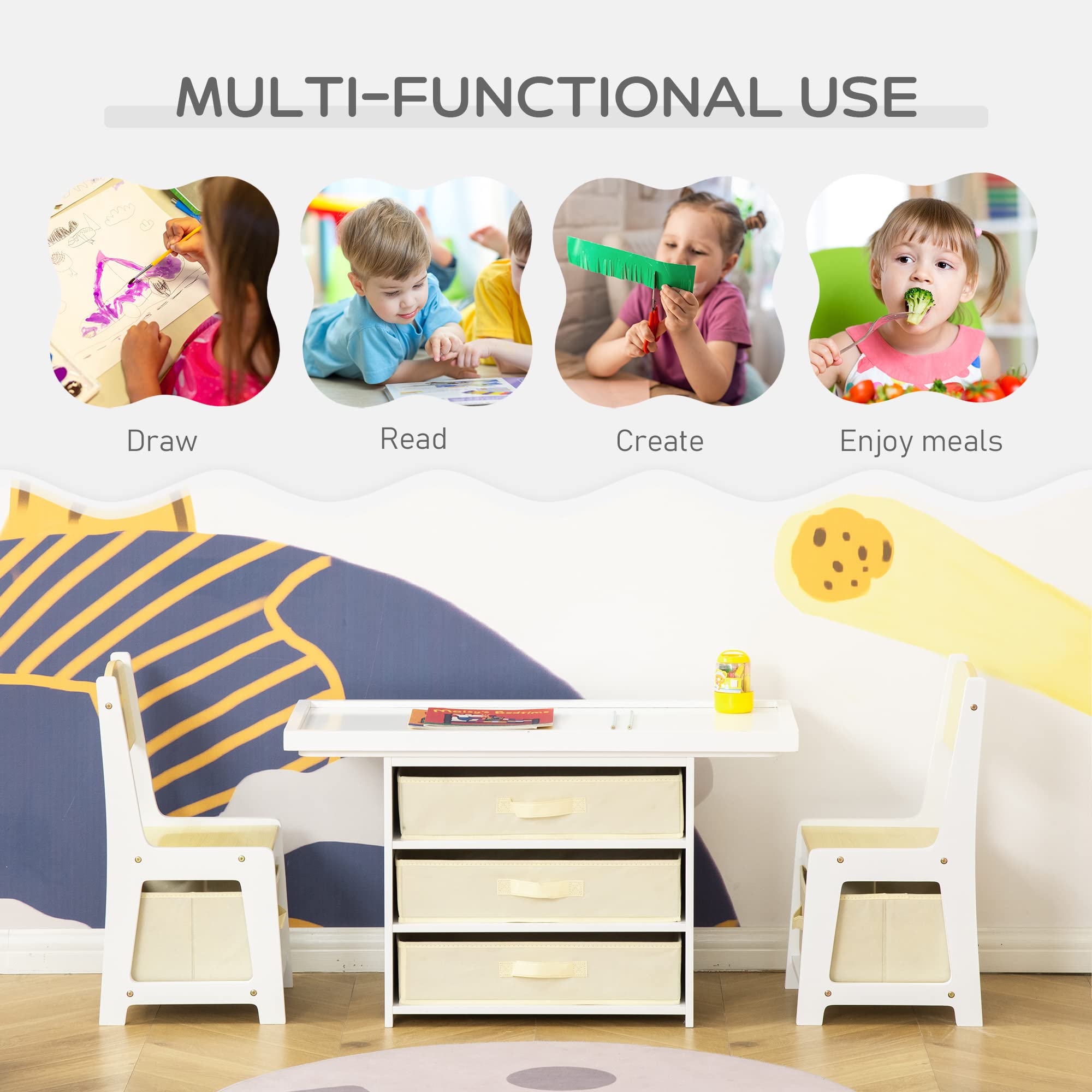 Qaba 3-in-1 Kids Activity Table and Chairs Set - Convertible Drawing Table, Building Blocks Play Table with Road Map & 2 Toy Cars, Includes Storage Baskets for Toddlers & Preschoolers - Perfect for Playroom, Daycare & Homeschool Learning Activities