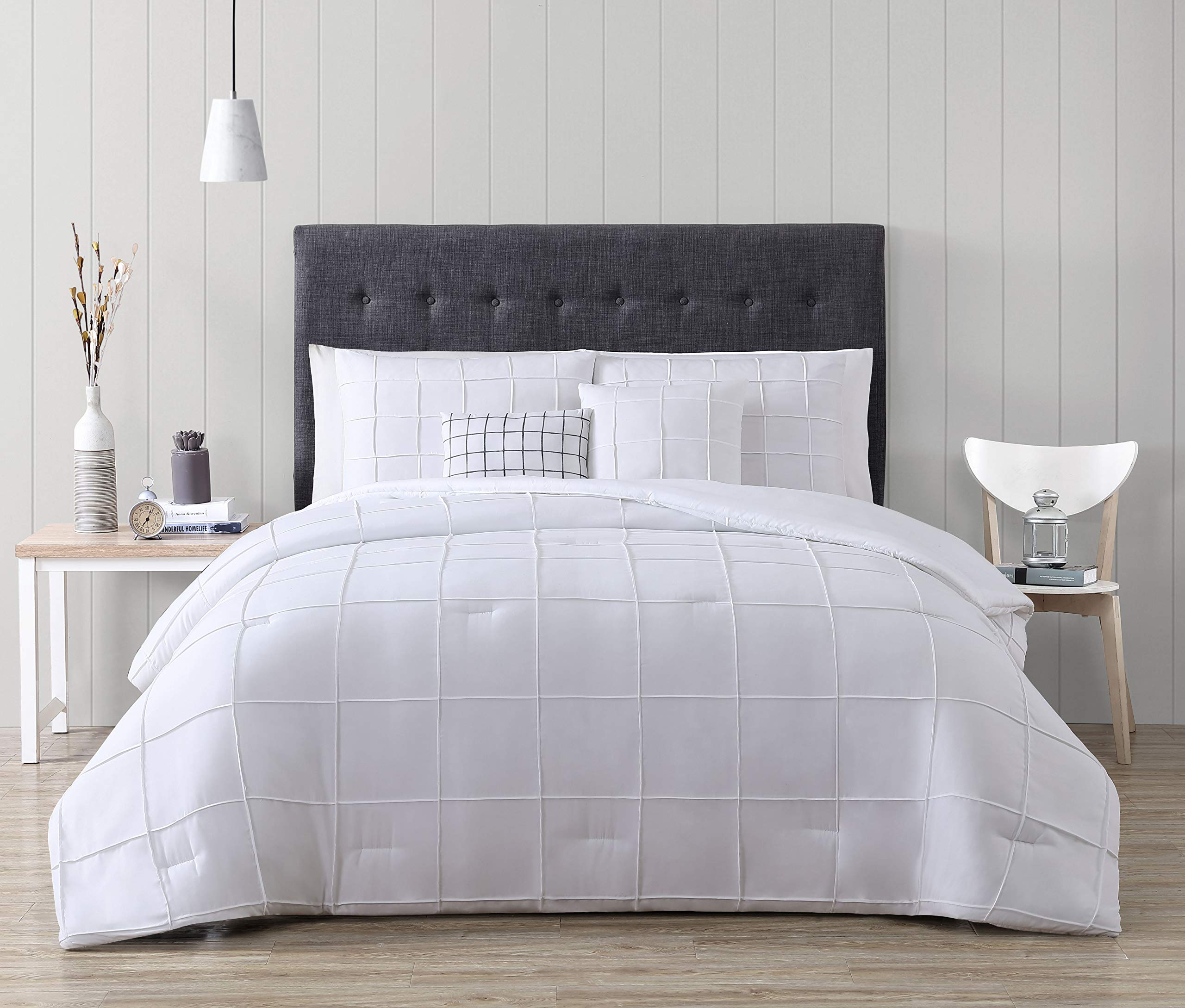 Geneva Home Fashion Nelli Comforter Set with Throw Pillows - Queen Size White Bedding for Master Bedroom & Guest Room (NEI5CSQUENGHWH) - Perfect for Cozy Nights & Stylish Home Decor