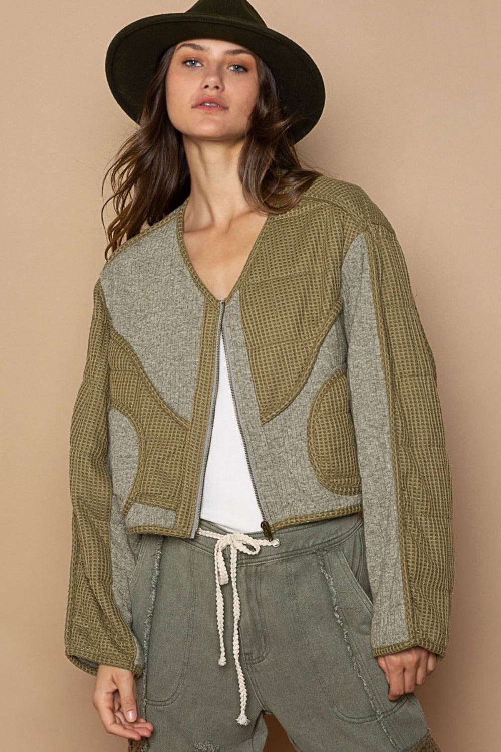 Quilted Knit Patch Jacket with Viding Detail - Cozy Winter Outerwear for Women | Perfect for Casual Outings, Office Wear & Fall Fashion