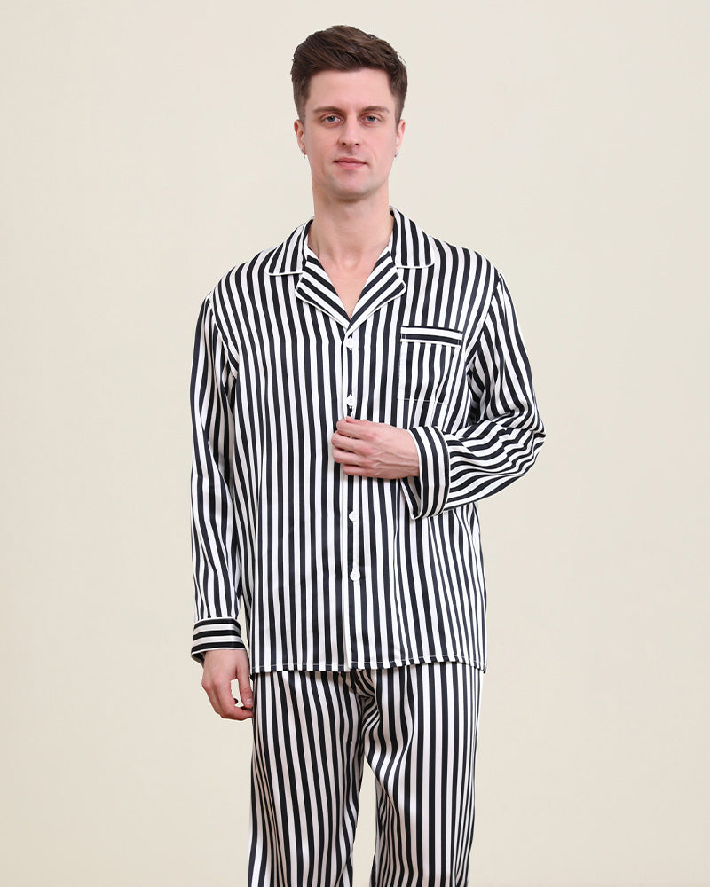 Premium Men's Silk Pajama Set - White Striped Luxury Sleepwear for Comfort & Style | Perfect for Lounging, Travel & Gift Giving