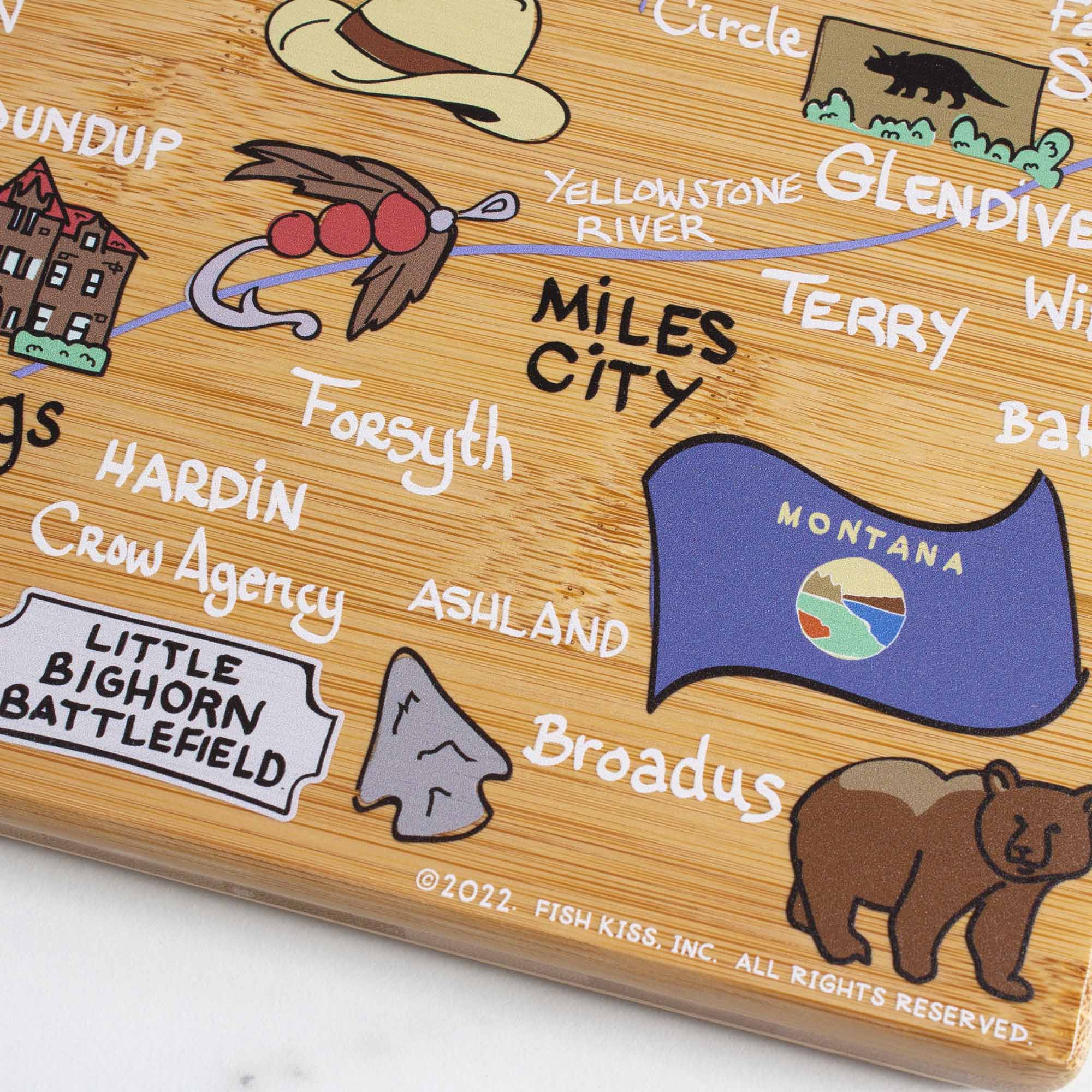 Premium Montana Wood Cutting Board with Fish Kiss™ Artwork - Durable Kitchen Essential for Chopping, Serving & Decor