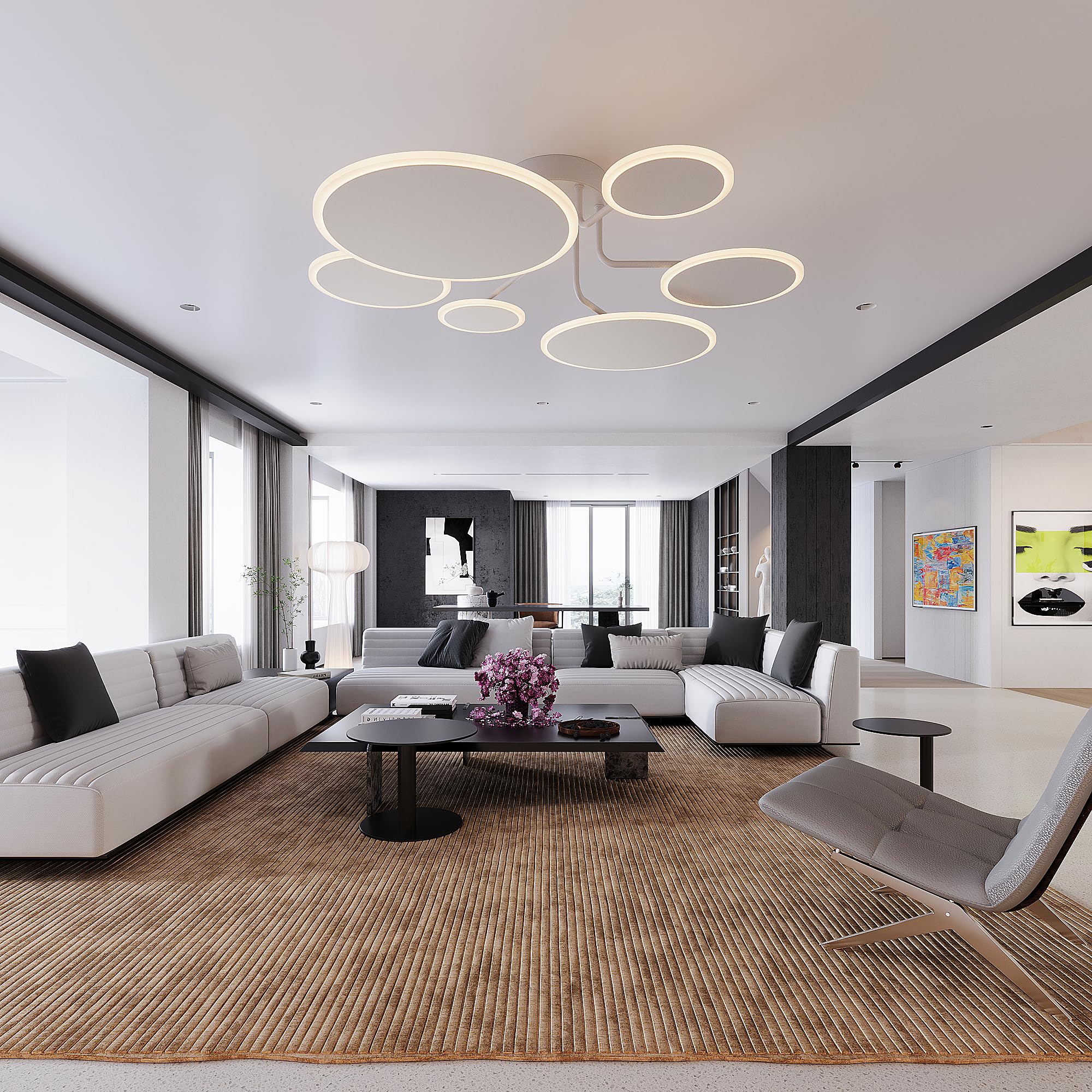 Modern LED Ceiling Light Fixture with Remote Control - 6 Circle Dimmable Sputnik Chandelier for Living Room, Dining Room, Bedroom, Office & Restaurant | Energy-Efficient Close-to-Ceiling Lighting for Home & Commercial Spaces