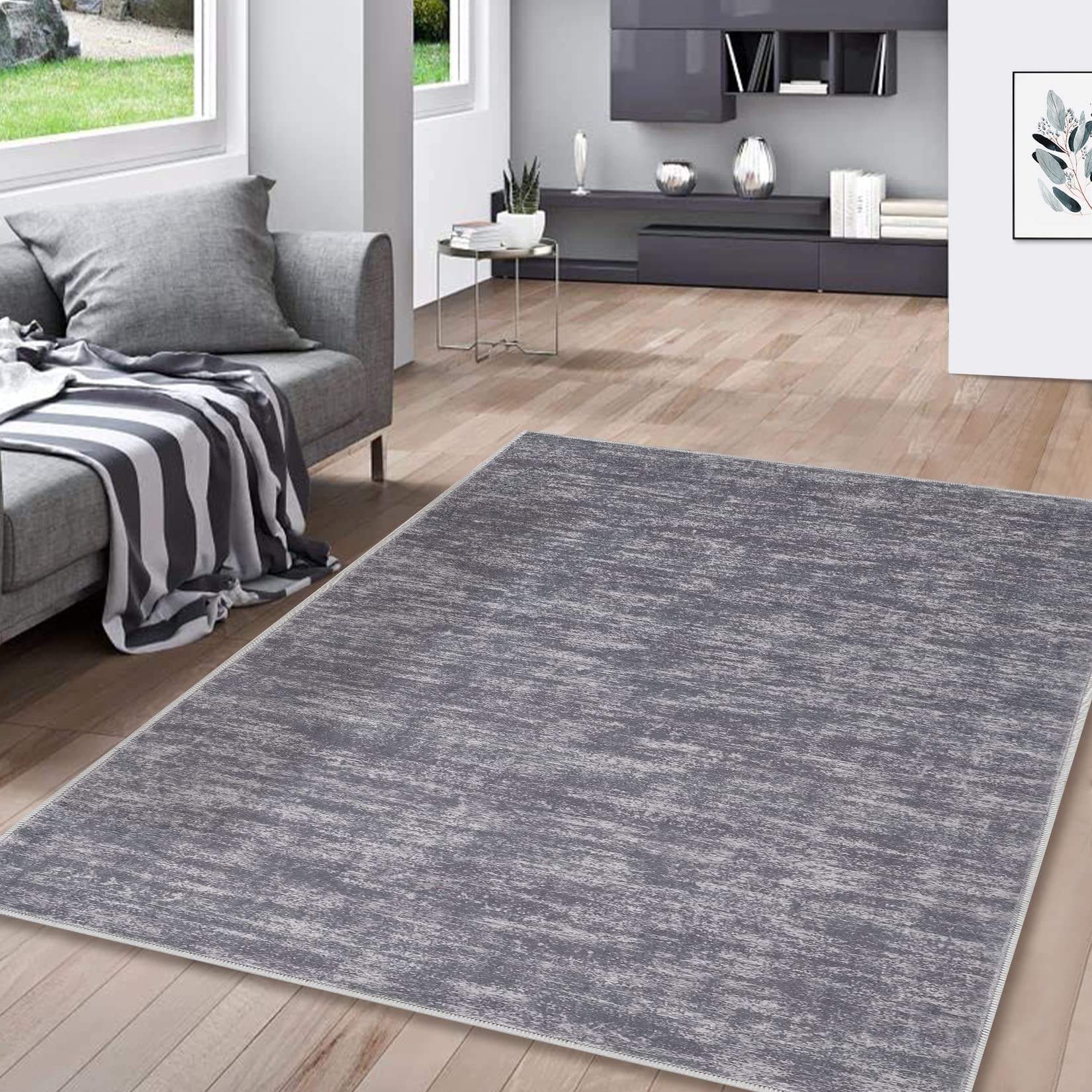 8x10 Washable Non-Slip Low Pile Modern Solid Area Rug - Grey Contemporary Living Room Carpet for Bedroom, Home Decor | Perfect for Boho Style Spaces & High-Traffic Areas