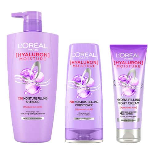 L'Oreal Paris Hyaluron Moisture 3-Step Ultimate Hydration Kit - Shampoo (1 Liter) + Conditioner (6.08 oz) + Night Cream (6.08 oz) for Dry, Damaged Hair | Deep Moisturizing Hair & Skin Care Routine | At-Home Salon Treatment